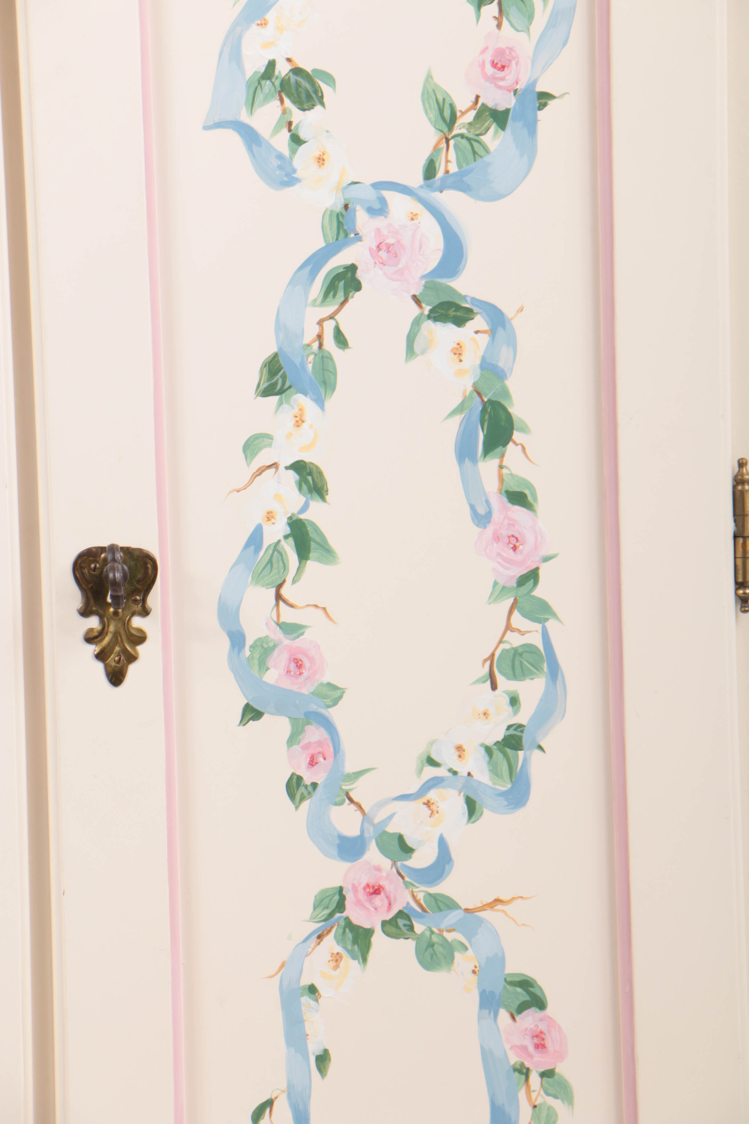 Hand-Painted Pine Wardrobe with Beribboned Floral Garlands, 20th Century
