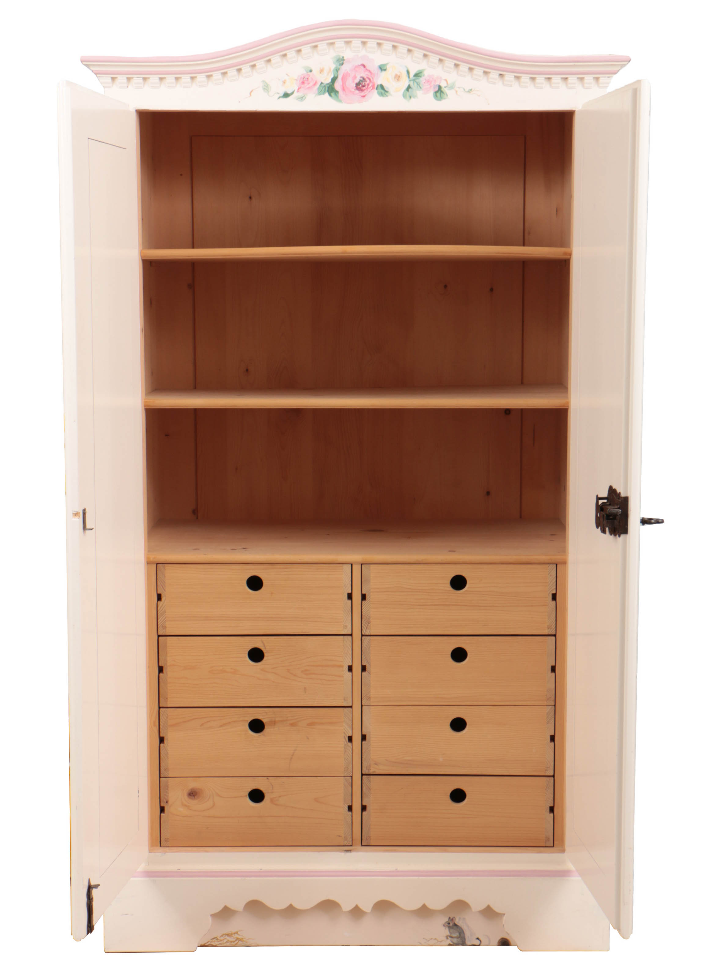 Hand-Painted Pine Wardrobe with Beribboned Floral Garlands, 20th Century