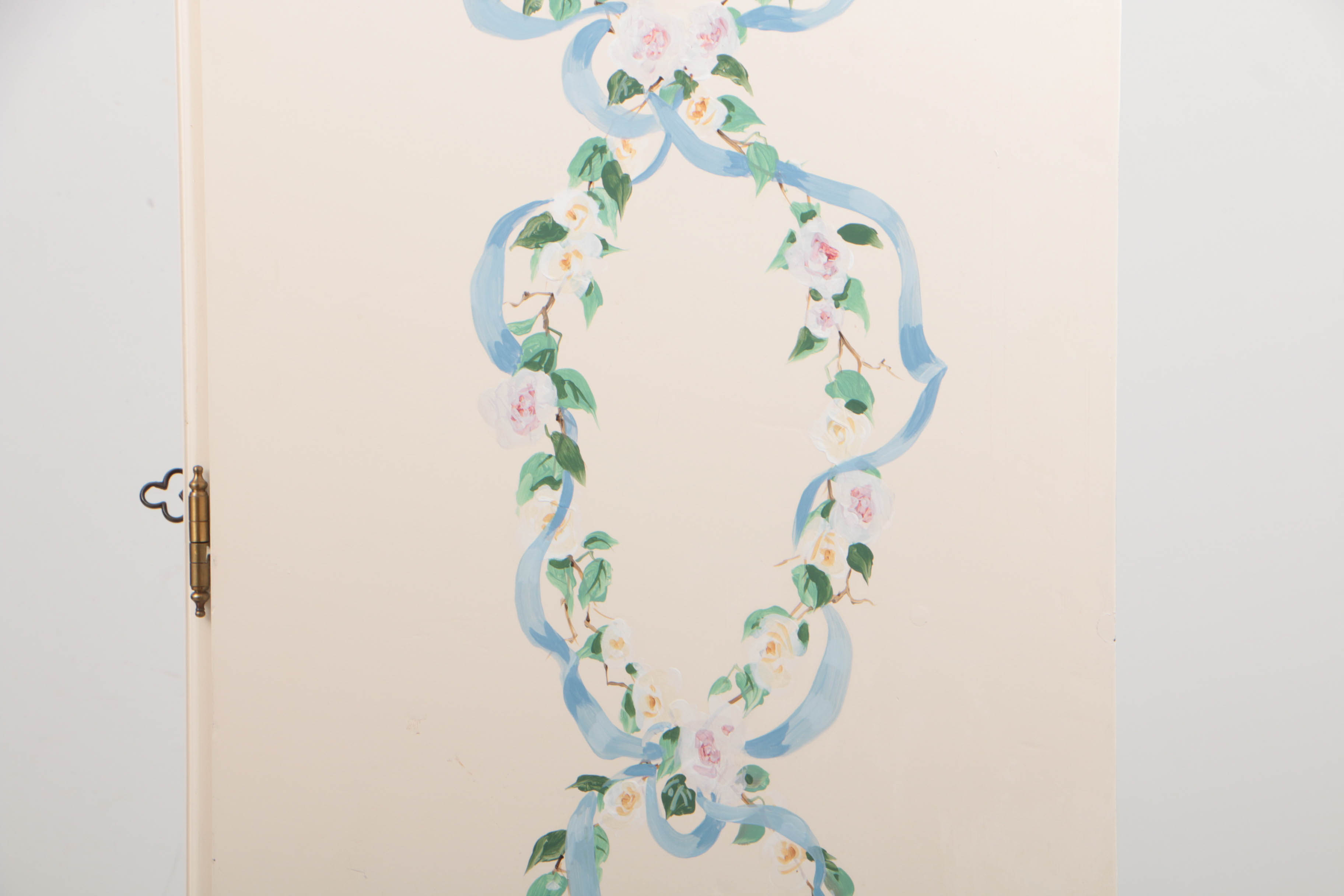 Hand-Painted Pine Wardrobe with Beribboned Floral Garlands, 20th Century