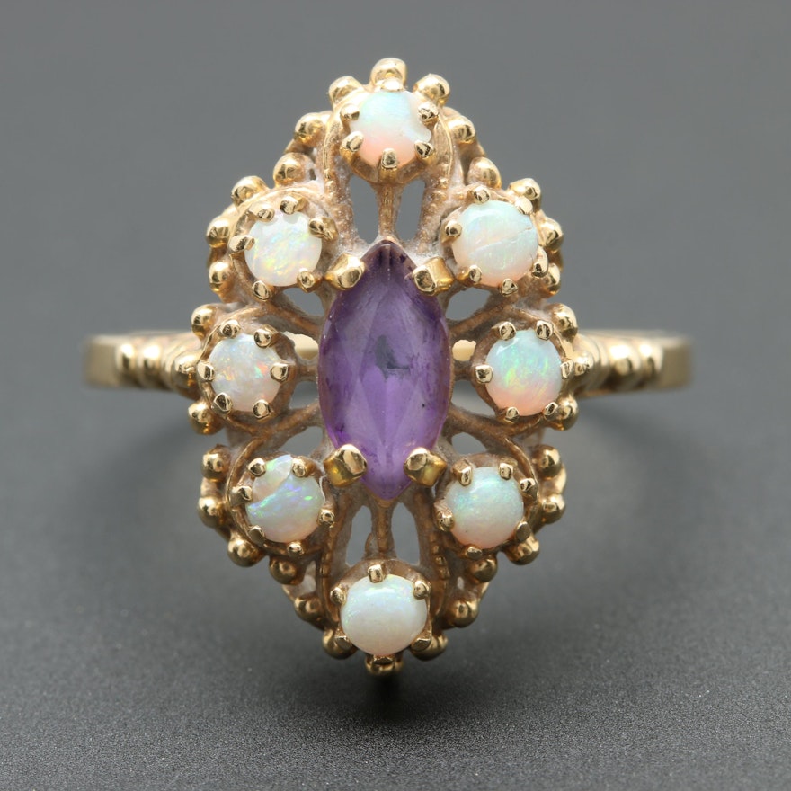 Vintage 14K Yellow Gold Amethyst and Opal Ring