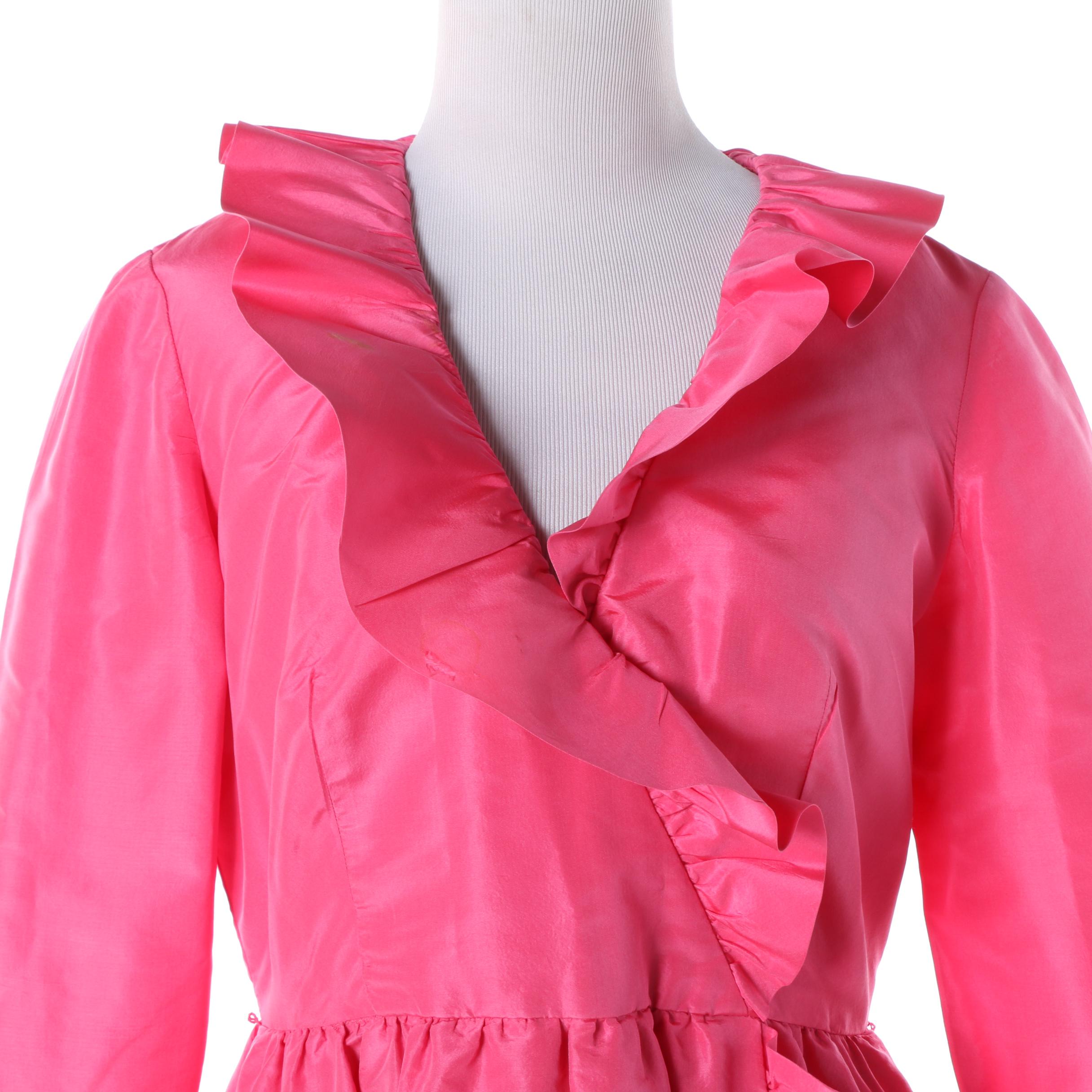 Women's 1960s Mollie Parnis Boutique Hot Pink Maxi Wrap Dress with Ruffled Trim