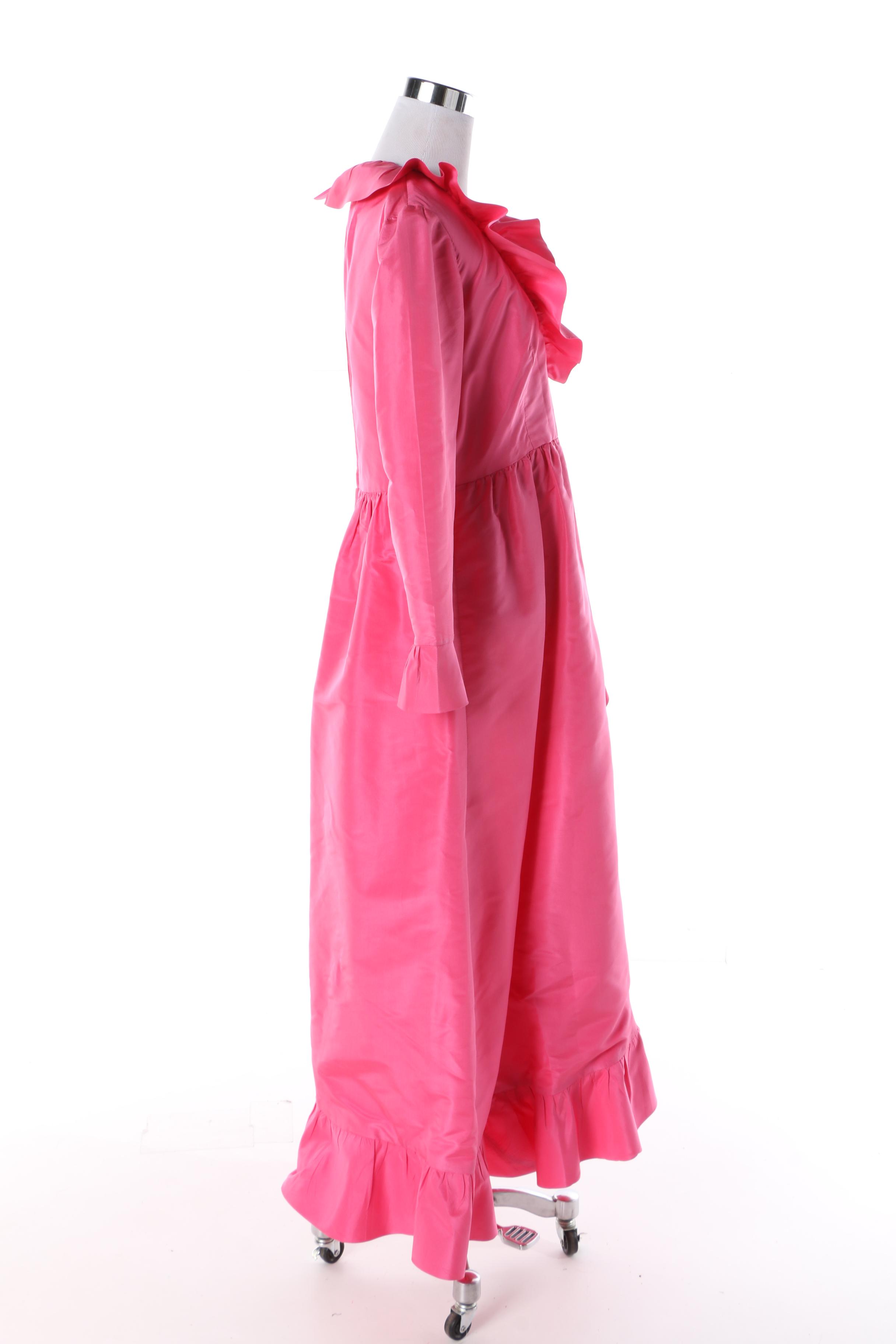Women's 1960s Mollie Parnis Boutique Hot Pink Maxi Wrap Dress with Ruffled Trim