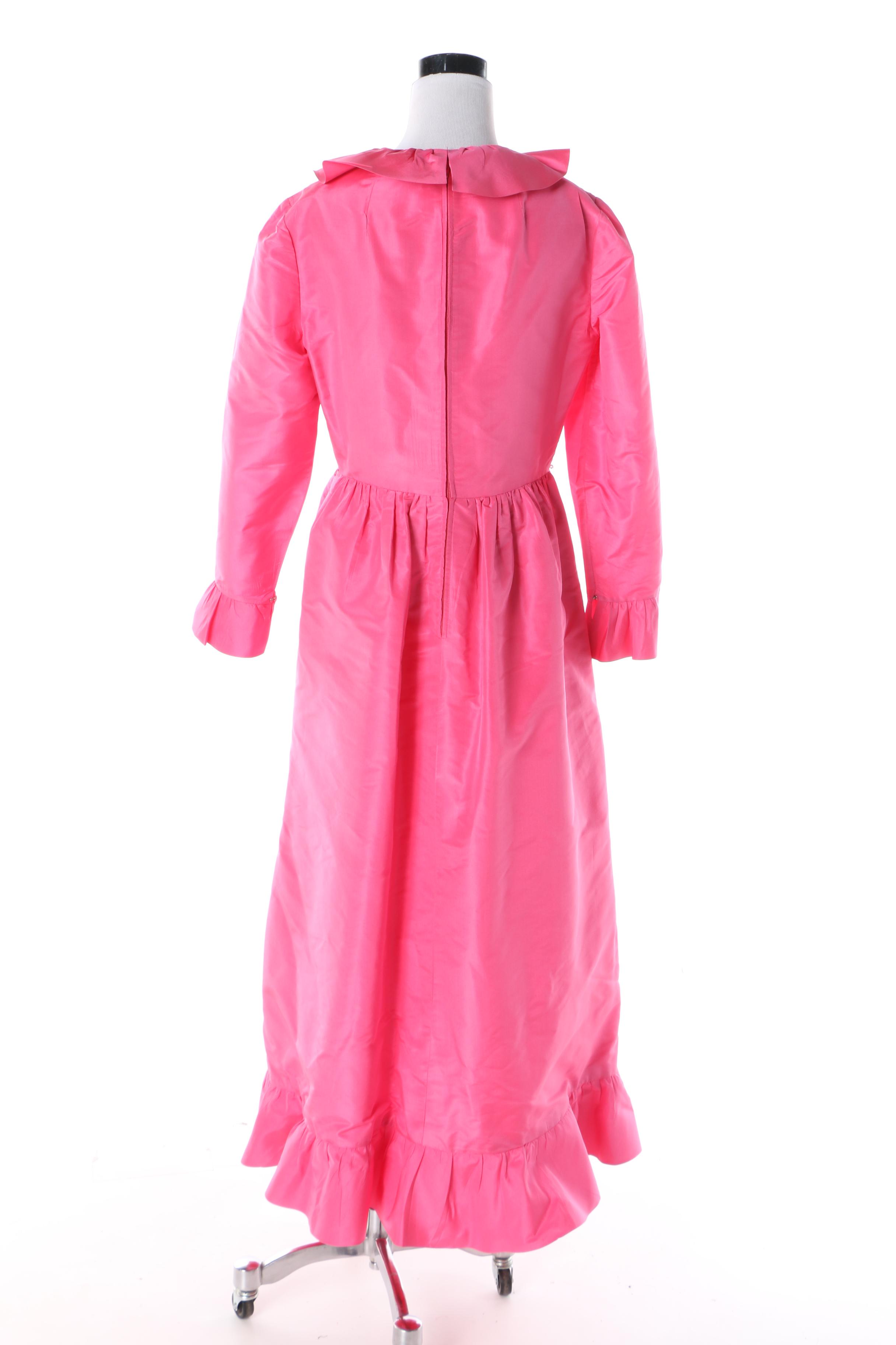 Women's 1960s Mollie Parnis Boutique Hot Pink Maxi Wrap Dress with Ruffled Trim