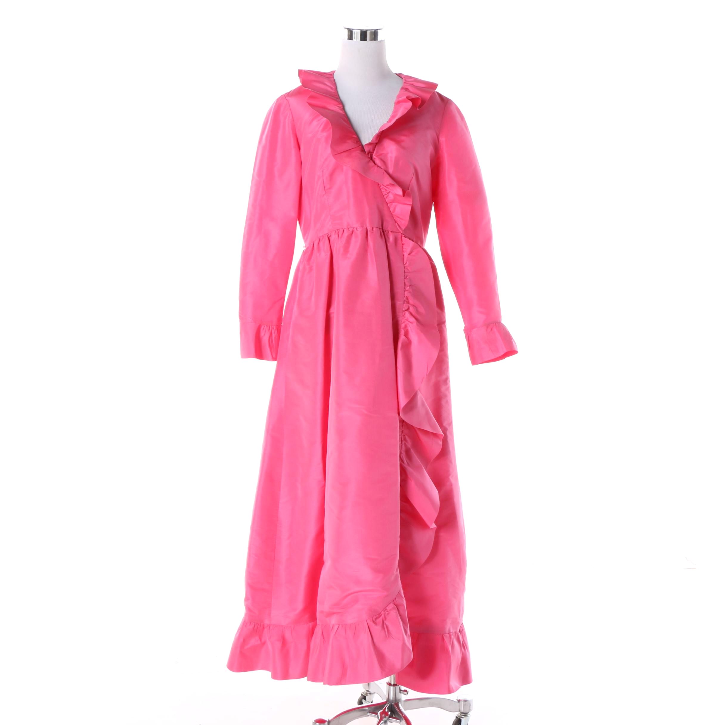 Women's 1960s Mollie Parnis Boutique Hot Pink Maxi Wrap Dress with Ruffled Trim