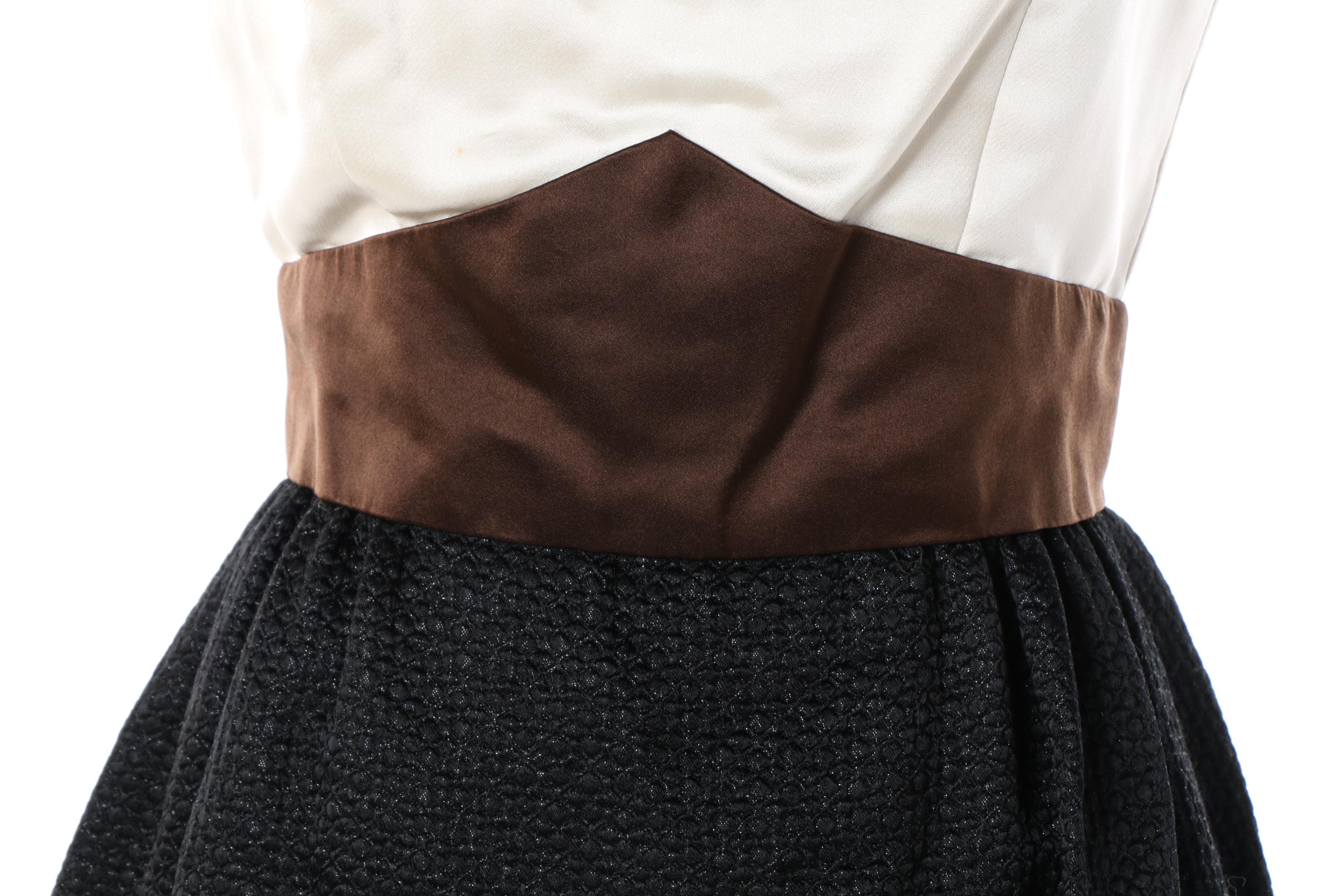 Women's 1960s Vintage Adele Simpson Ivory, Ochre and Black Silk Cocktail Dress