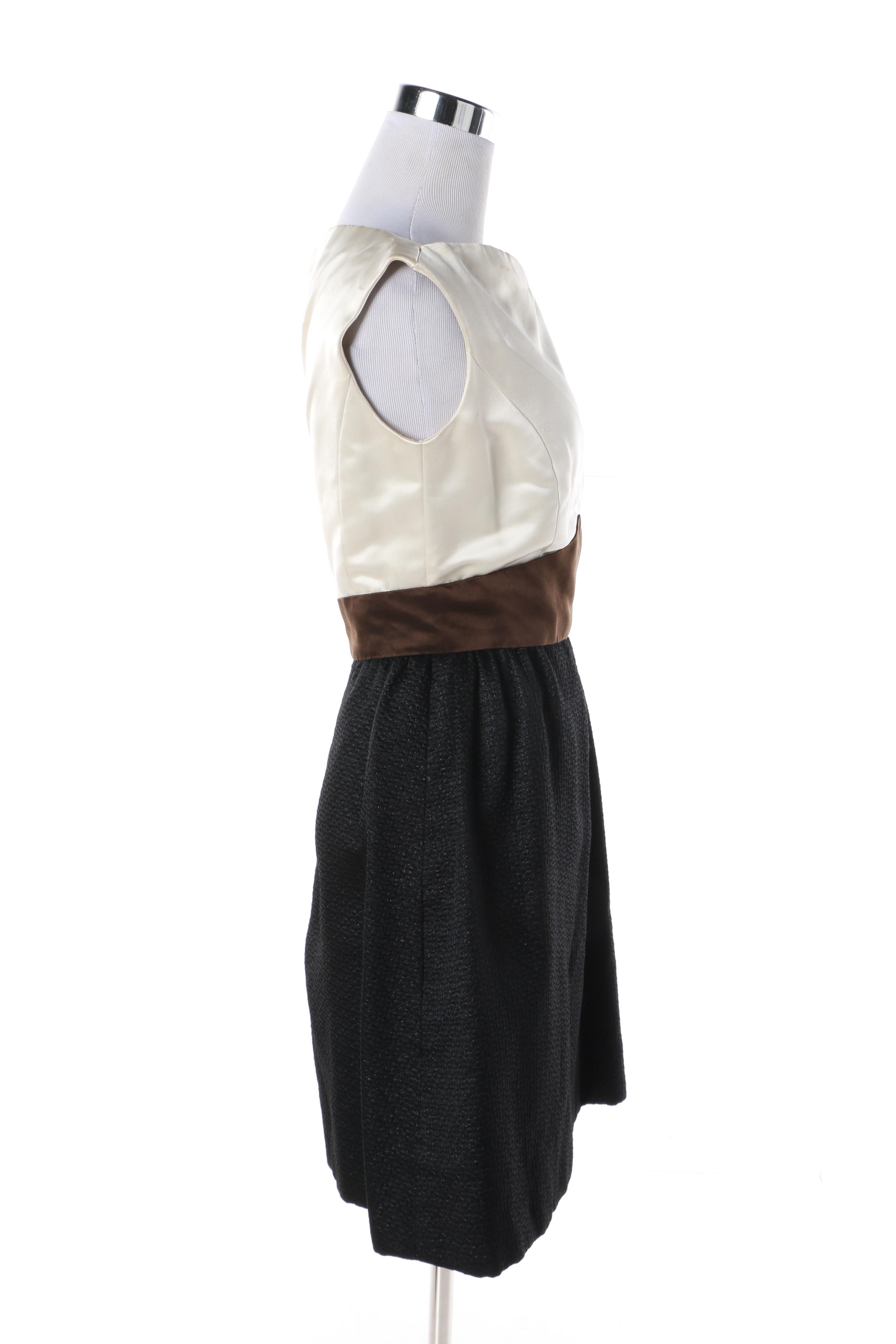 Women's 1960s Vintage Adele Simpson Ivory, Ochre and Black Silk Cocktail Dress