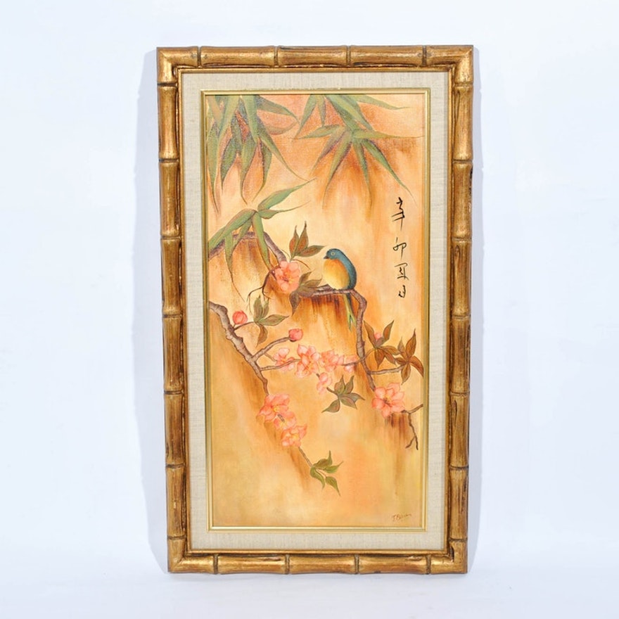 East Asian Inspired Painting of Bird on Flowering Branch