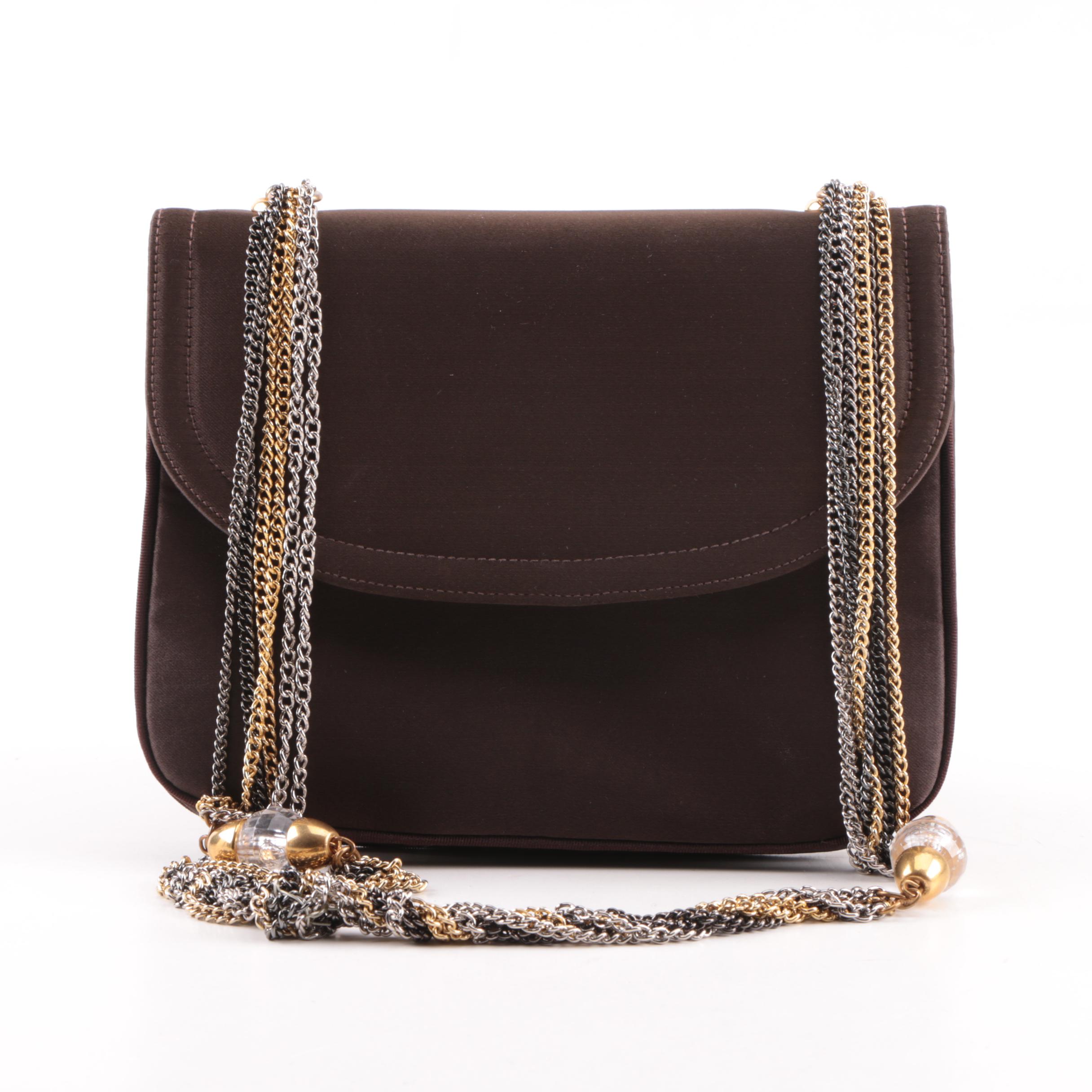 1950s Miss Lewis Brown Satin Evening Clutch with Beaded Chain Strap