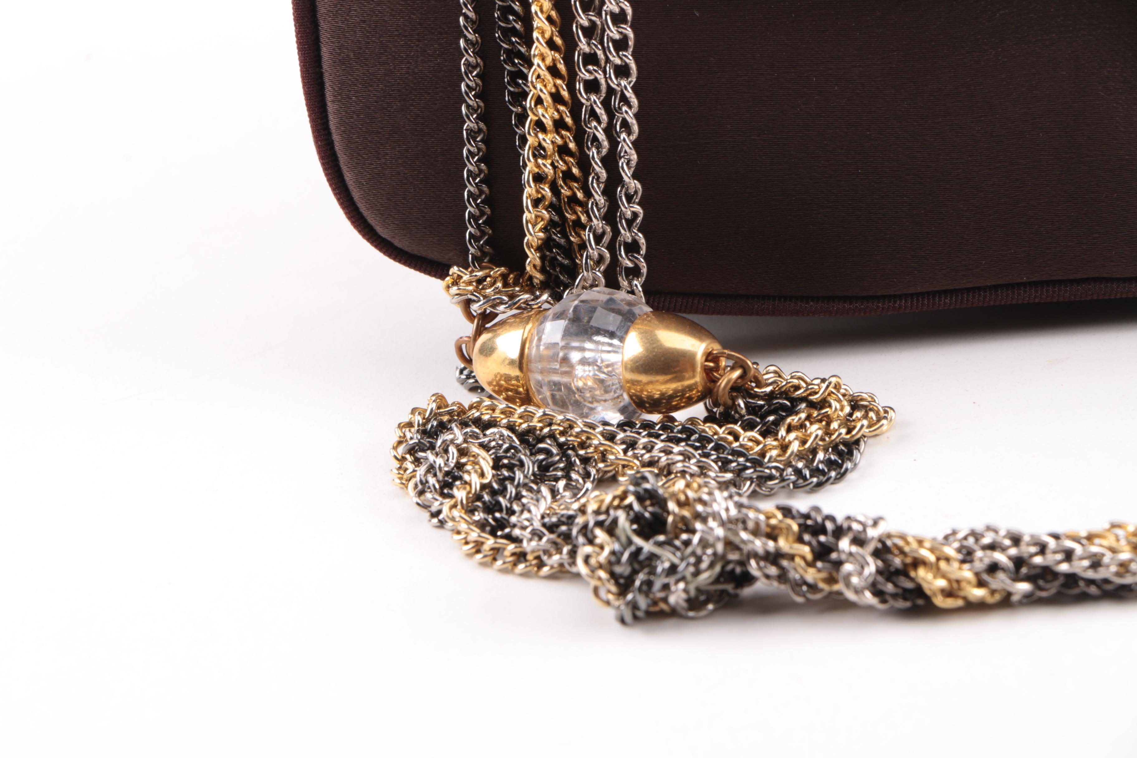 1950s Miss Lewis Brown Satin Evening Clutch with Beaded Chain Strap