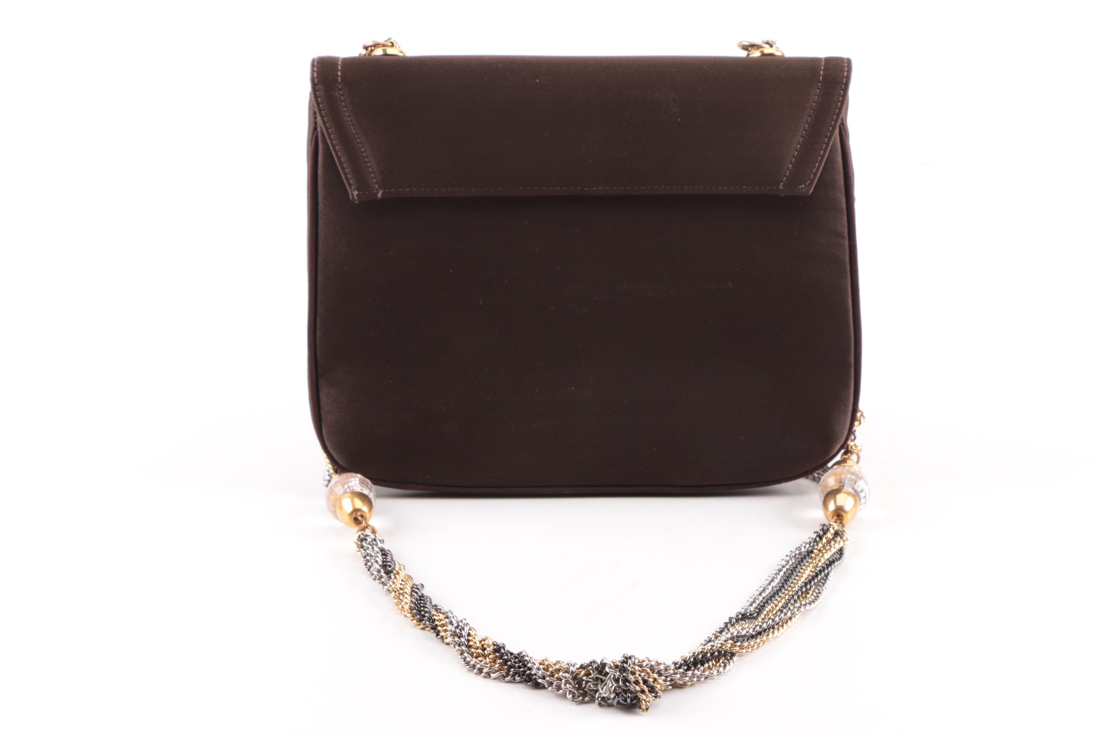 1950s Miss Lewis Brown Satin Evening Clutch with Beaded Chain Strap