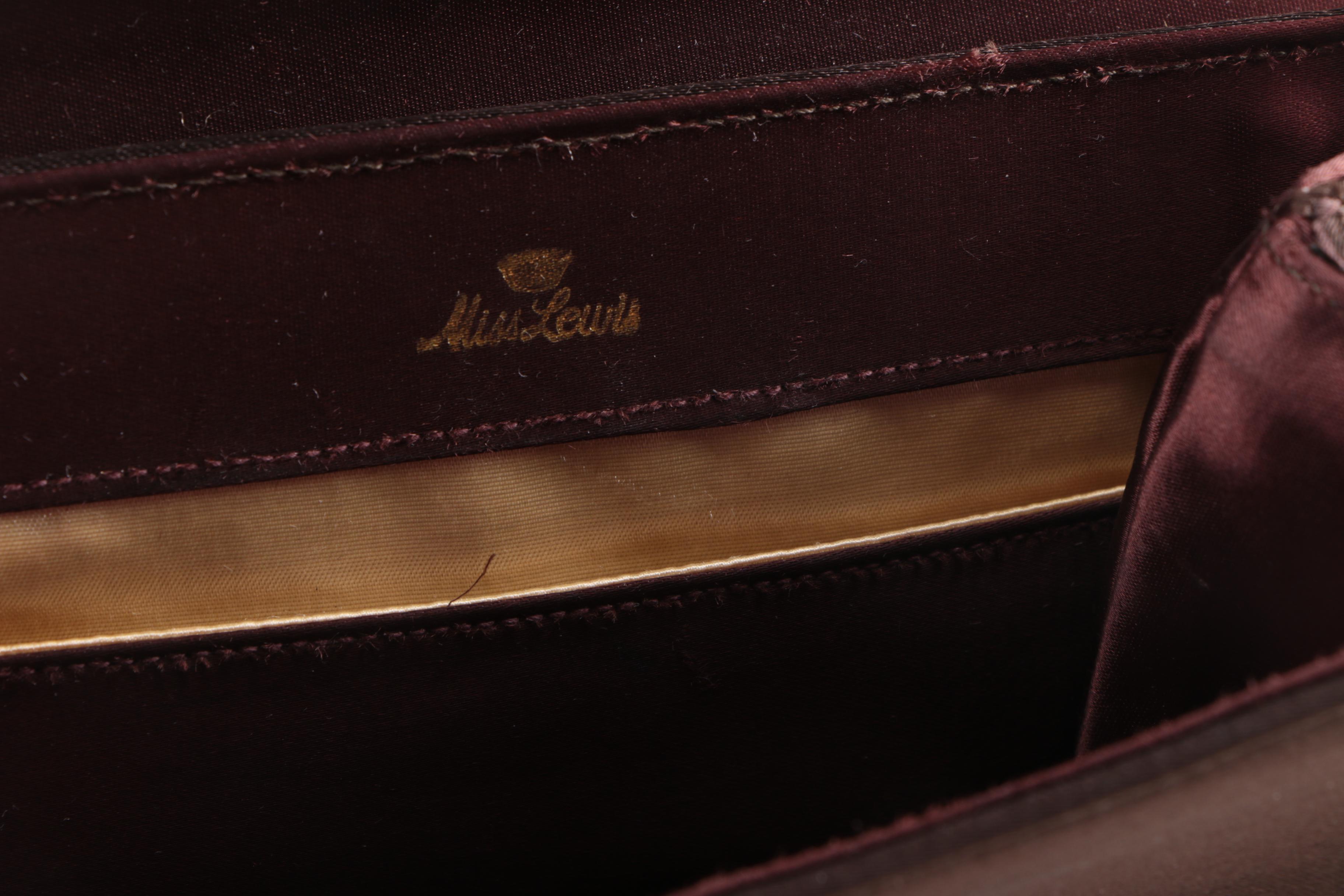 1950s Miss Lewis Brown Satin Evening Clutch with Beaded Chain Strap