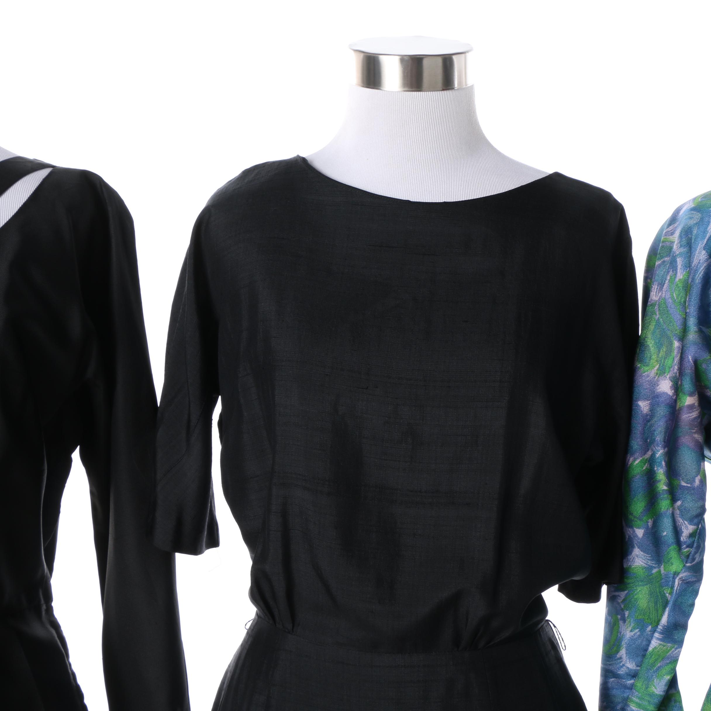 1950s Vintage Blue Floral and Black Evening Dresses