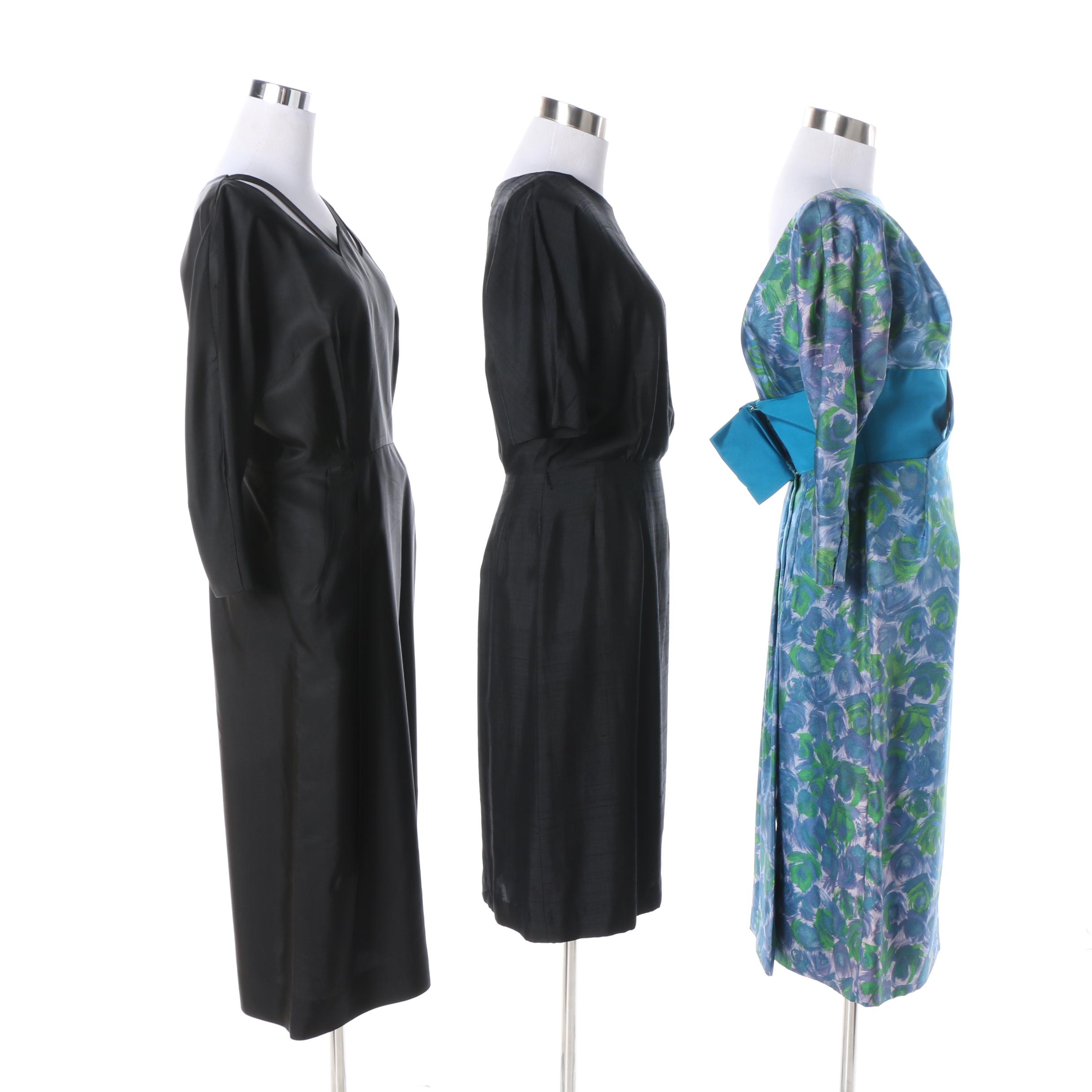 1950s Vintage Blue Floral and Black Evening Dresses