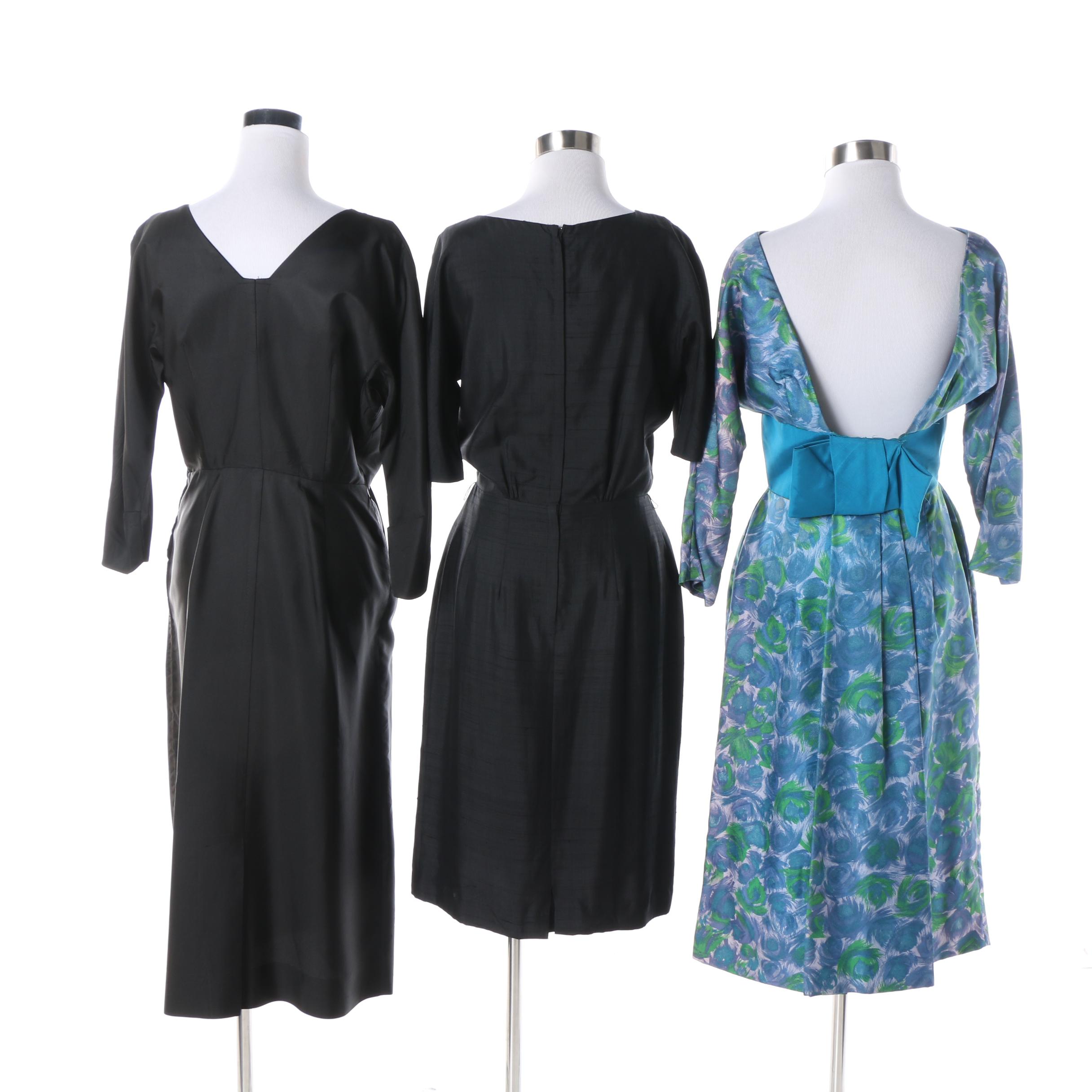 1950s Vintage Blue Floral and Black Evening Dresses