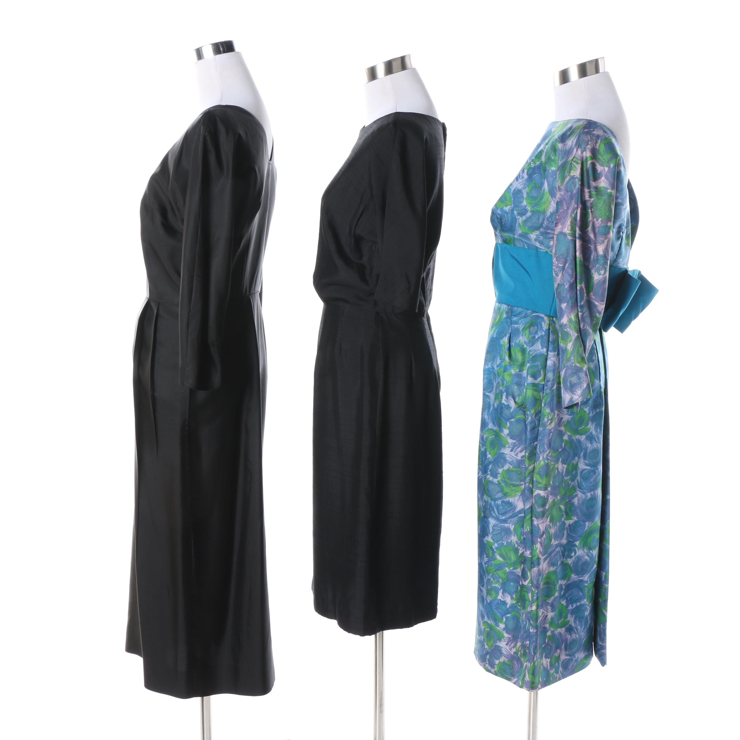 1950s Vintage Blue Floral and Black Evening Dresses