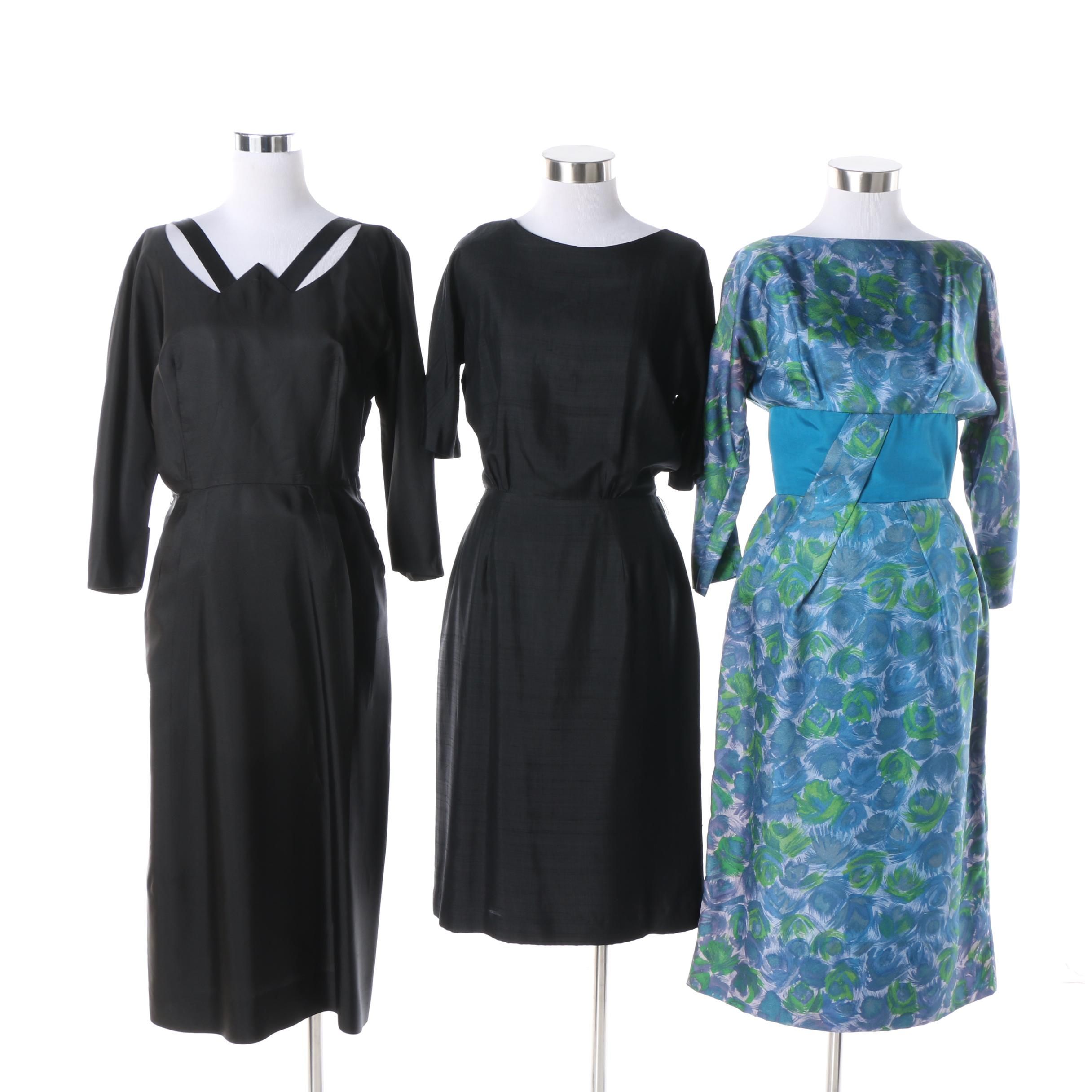 1950s Vintage Blue Floral and Black Evening Dresses