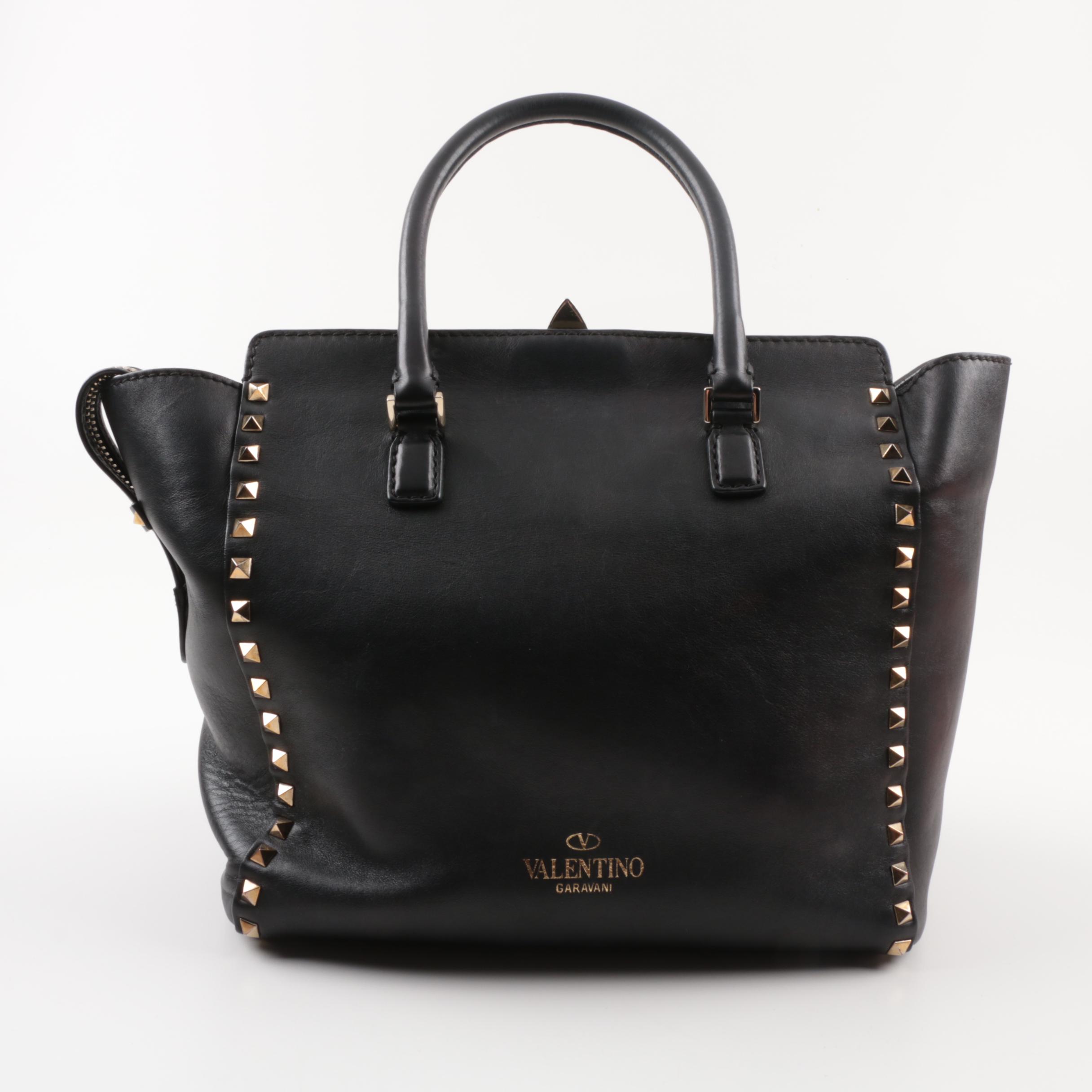 Valentino Garavani Rockstud Black Leather Studded Top Handle Shoulder Tote Bag