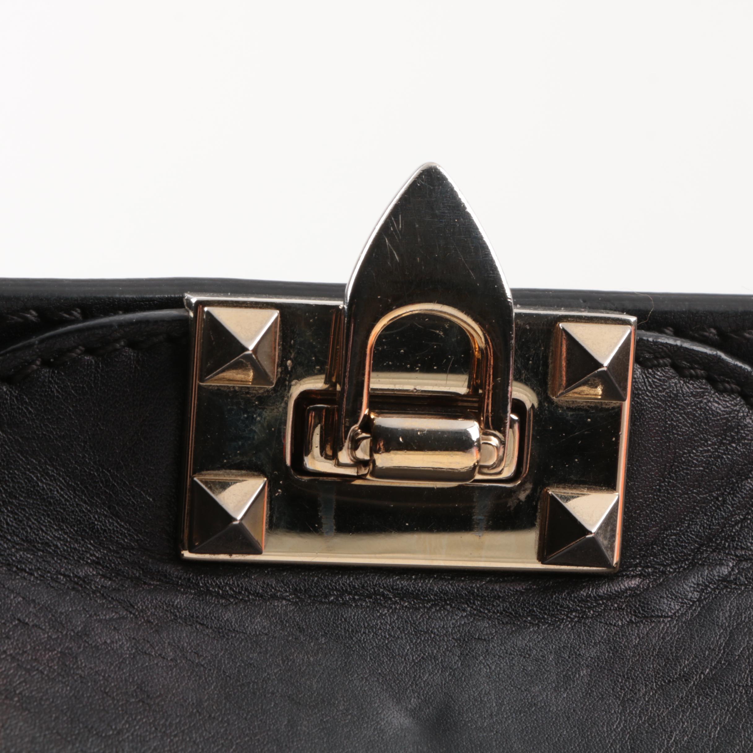 Valentino Garavani Rockstud Black Leather Studded Top Handle Shoulder Tote Bag