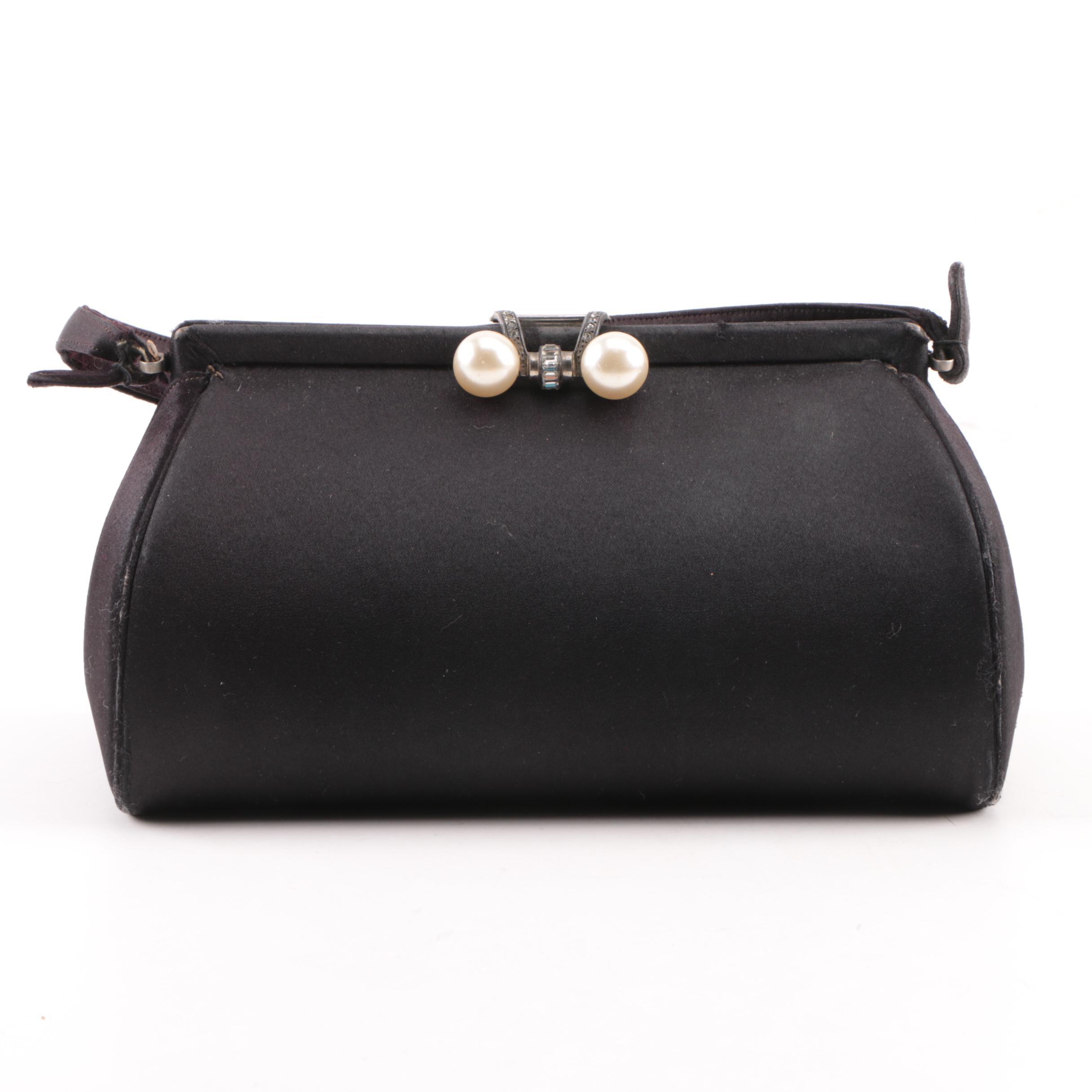 1960s Nettie Rosenstein Black Silk Evening Bag with Rhinestone Clasp