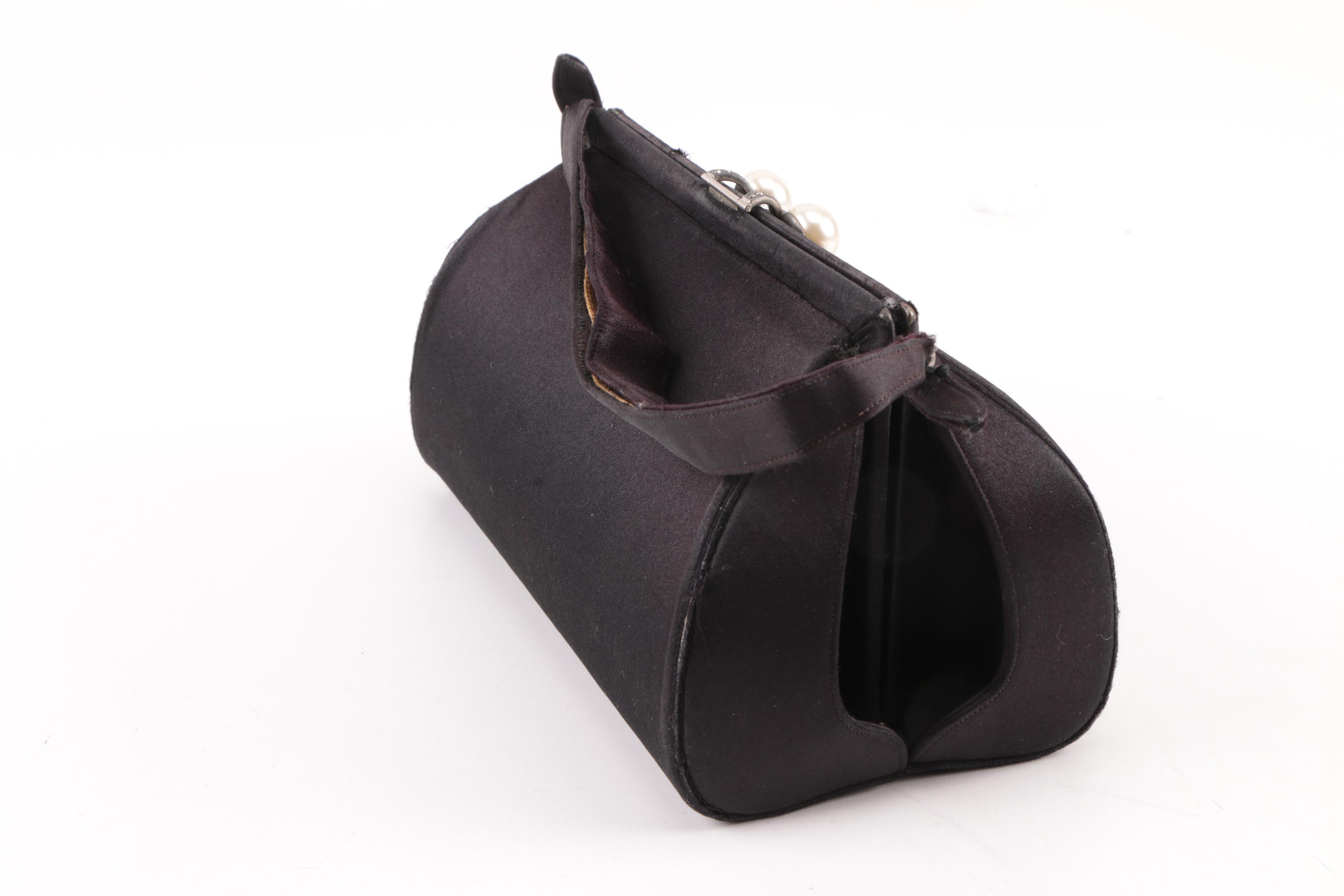 1960s Nettie Rosenstein Black Silk Evening Bag with Rhinestone Clasp