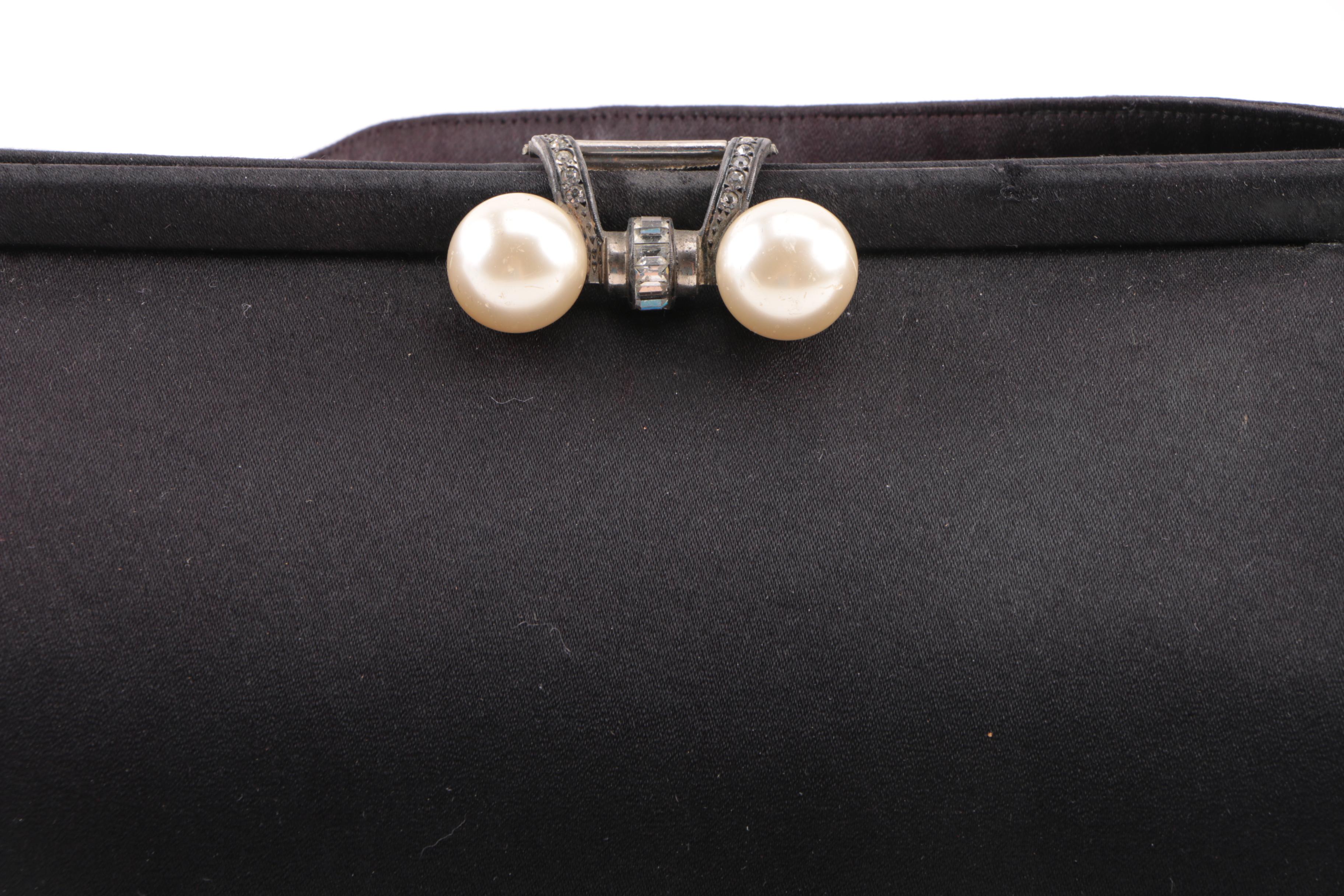 1960s Nettie Rosenstein Black Silk Evening Bag with Rhinestone Clasp