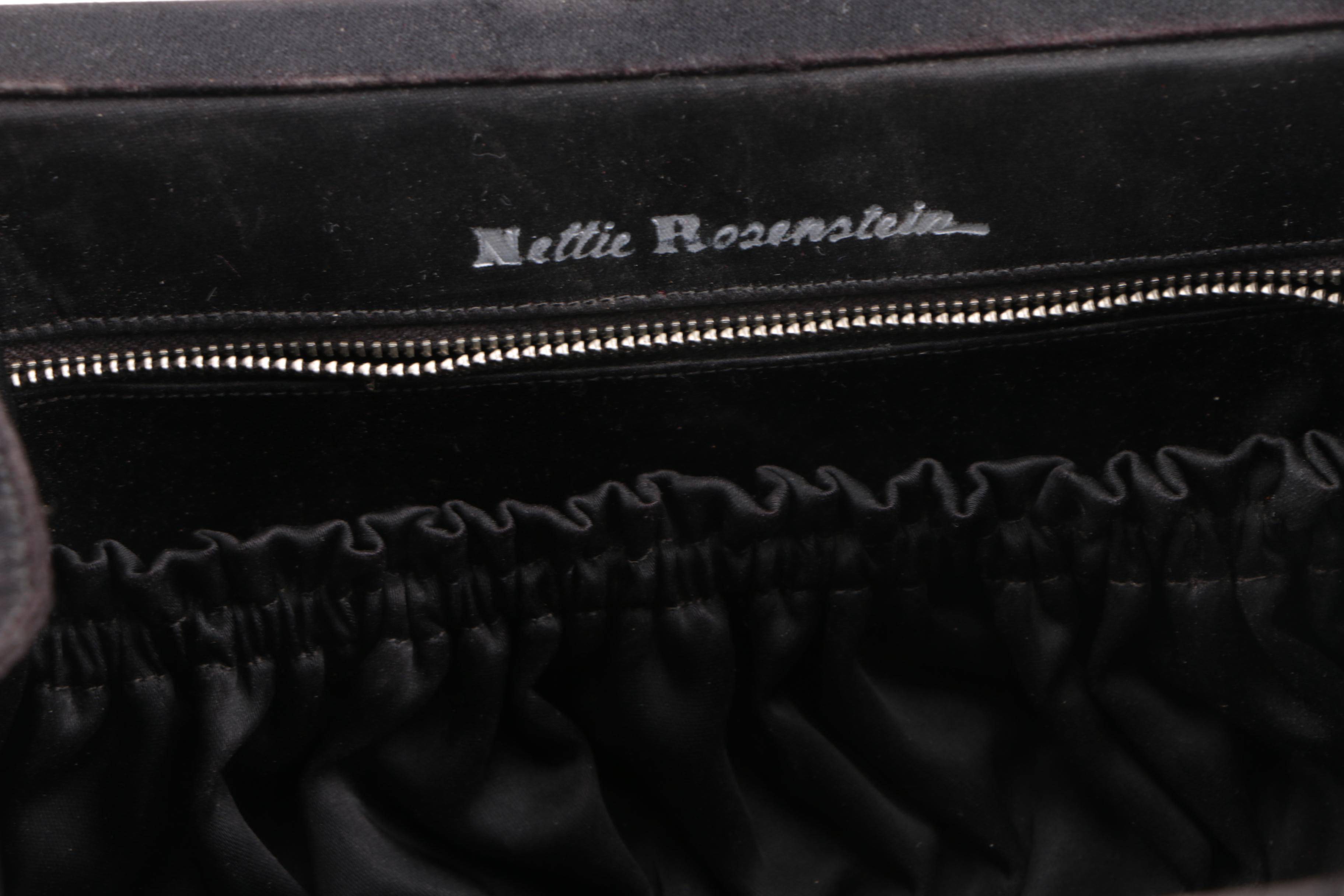 1960s Nettie Rosenstein Black Silk Evening Bag with Rhinestone Clasp