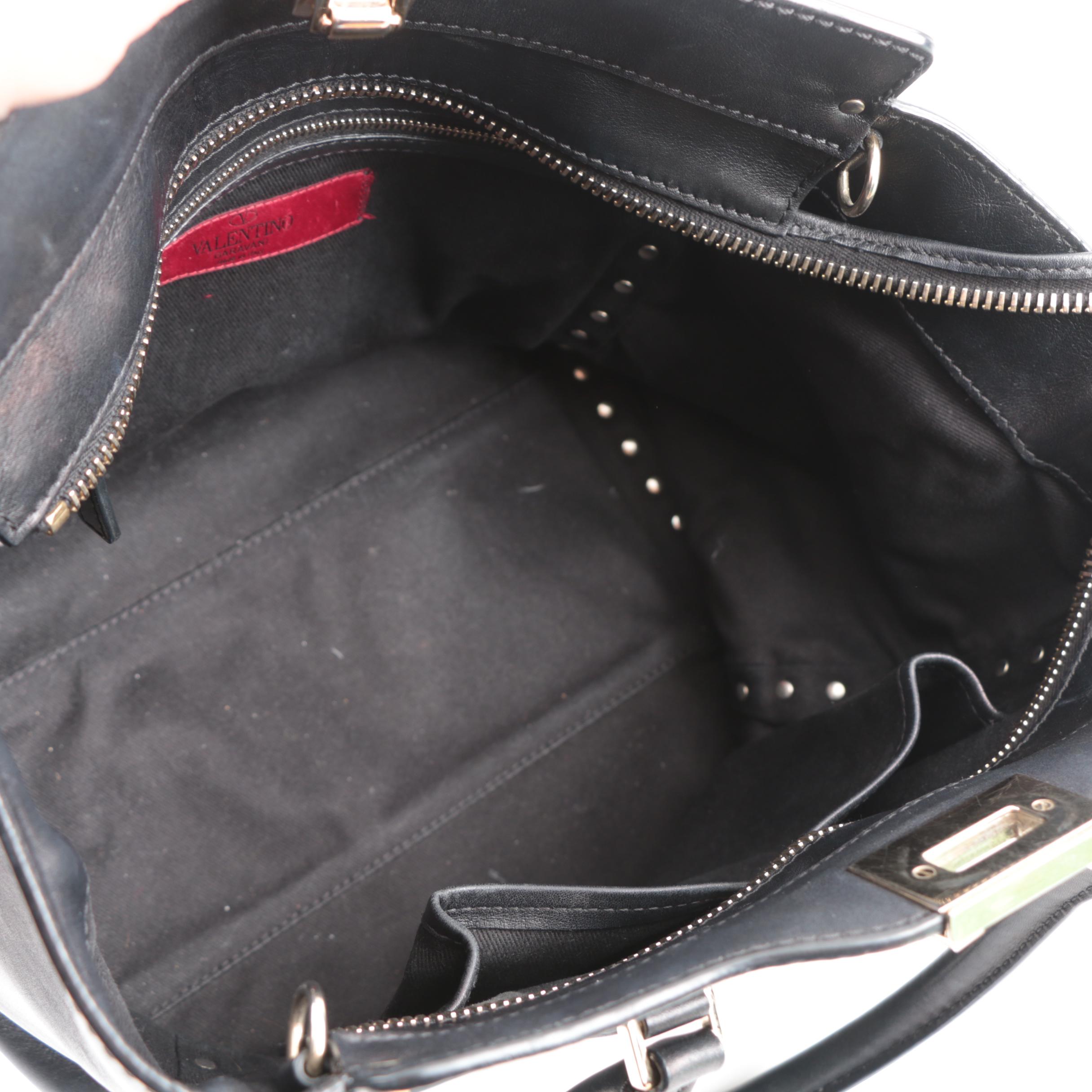 Valentino Garavani Rockstud Black Leather Studded Top Handle Shoulder Tote Bag