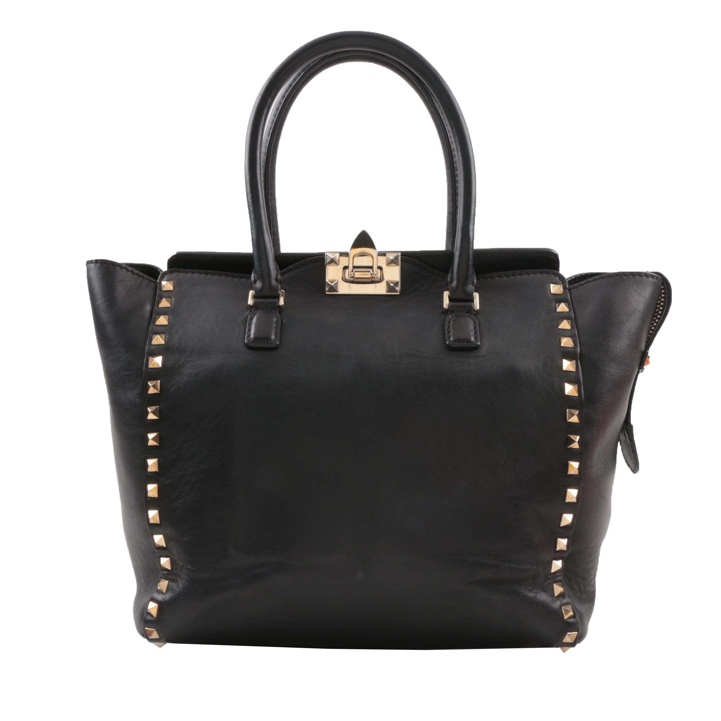 Valentino Garavani Rockstud Black Leather Studded Top Handle Shoulder Tote Bag