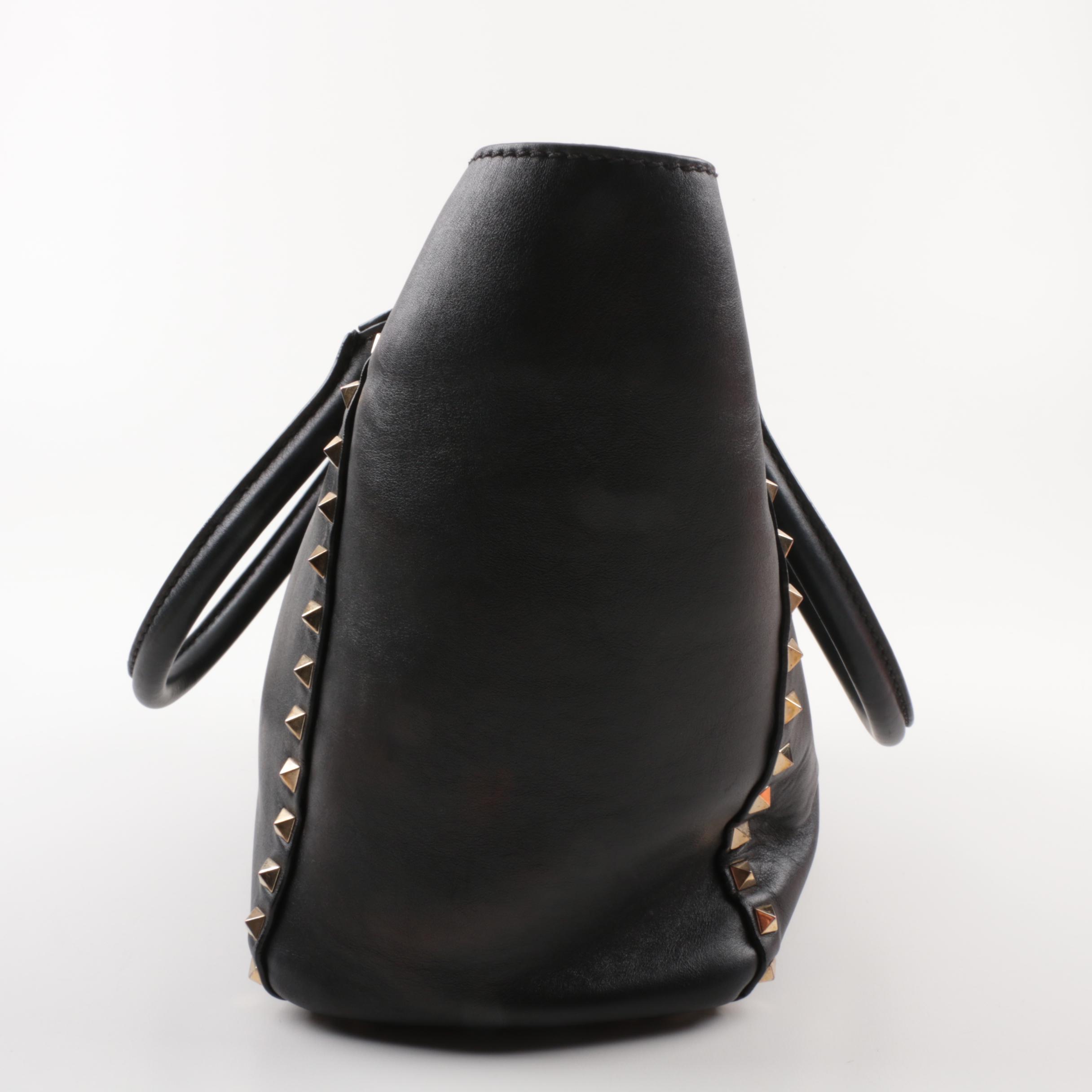 Valentino Garavani Rockstud Black Leather Studded Top Handle Shoulder Tote Bag