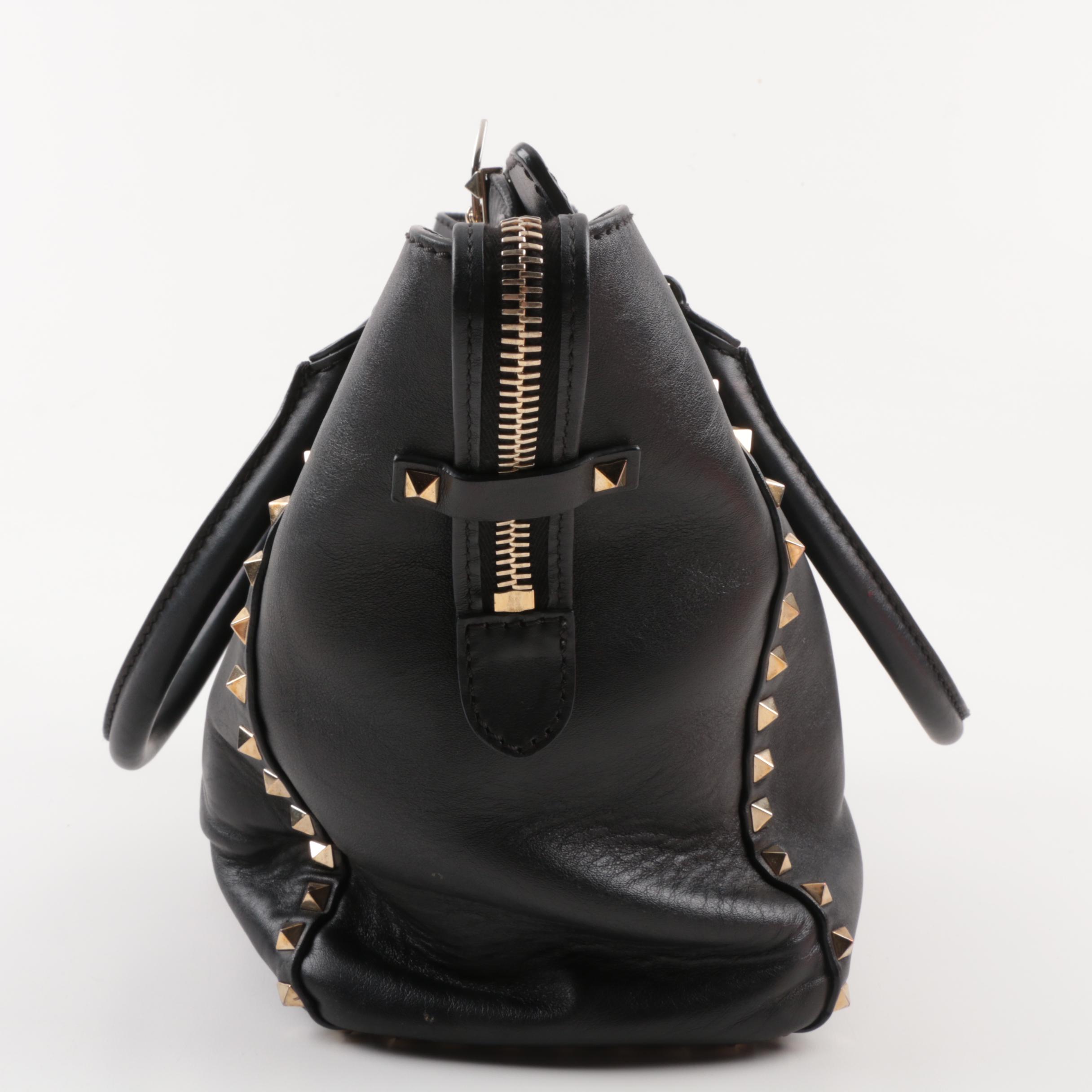 Valentino Garavani Rockstud Black Leather Studded Top Handle Shoulder Tote Bag