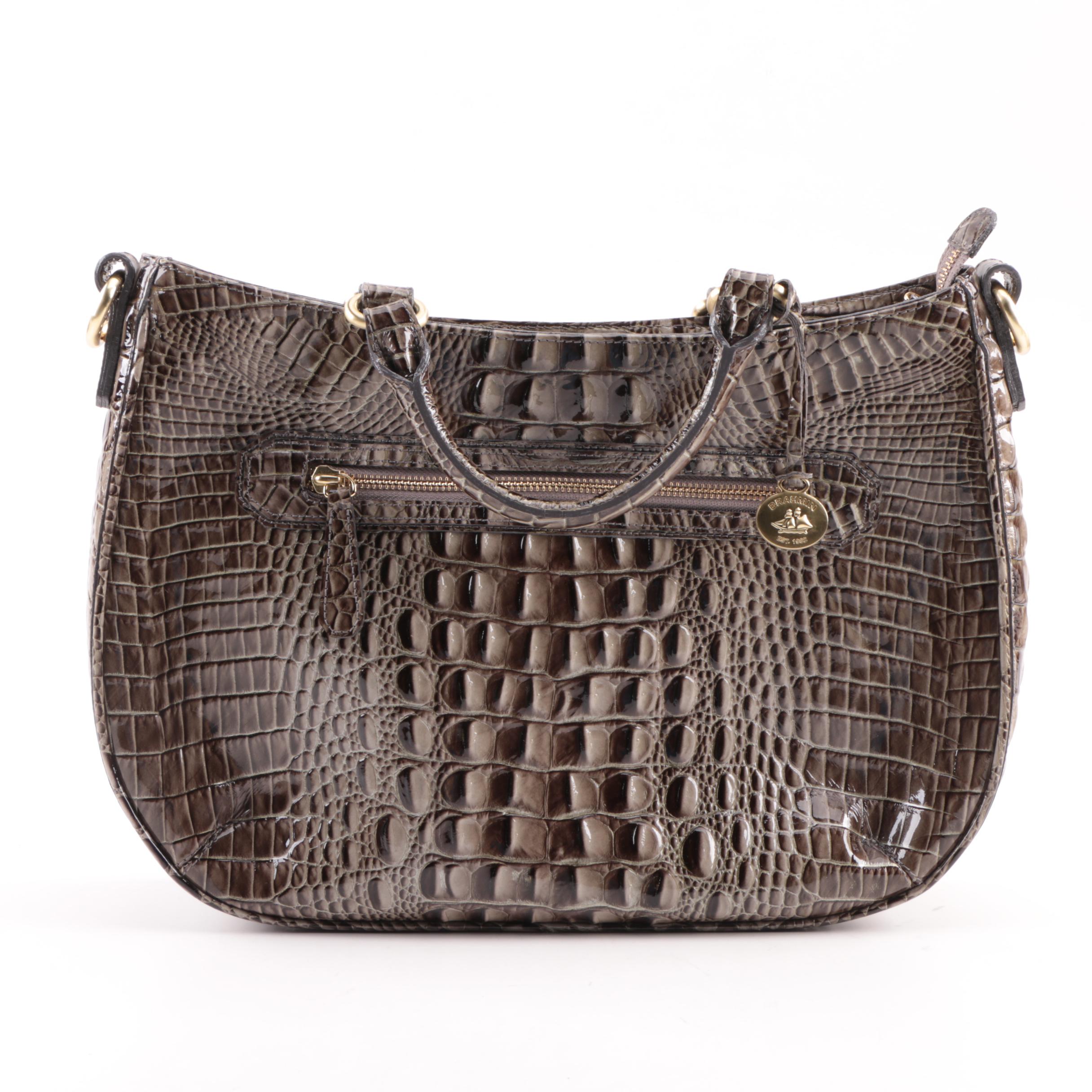 Brahmin Pewter Tone Crocodile Embossed Leather Handbag