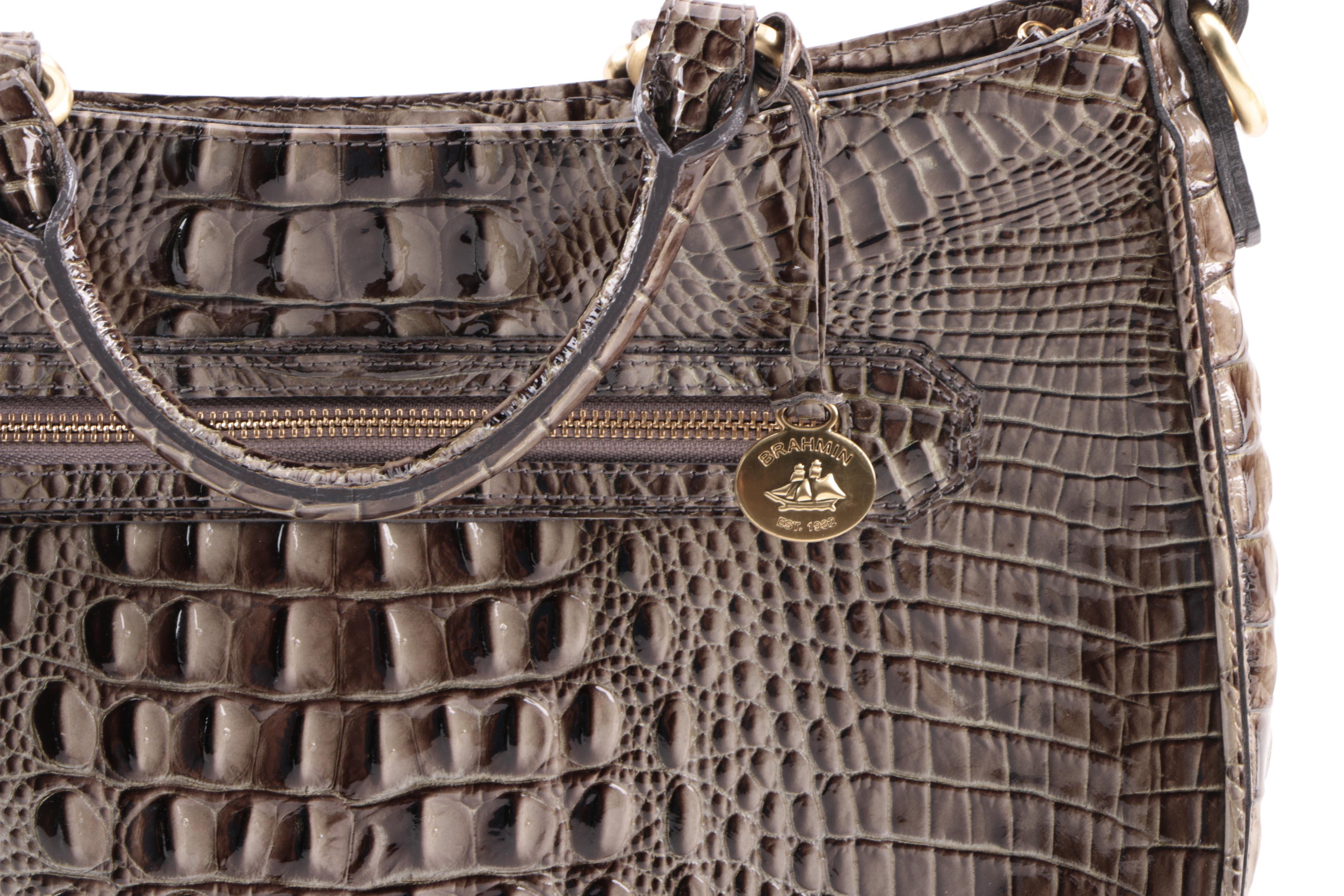 Brahmin Pewter Tone Crocodile Embossed Leather Handbag