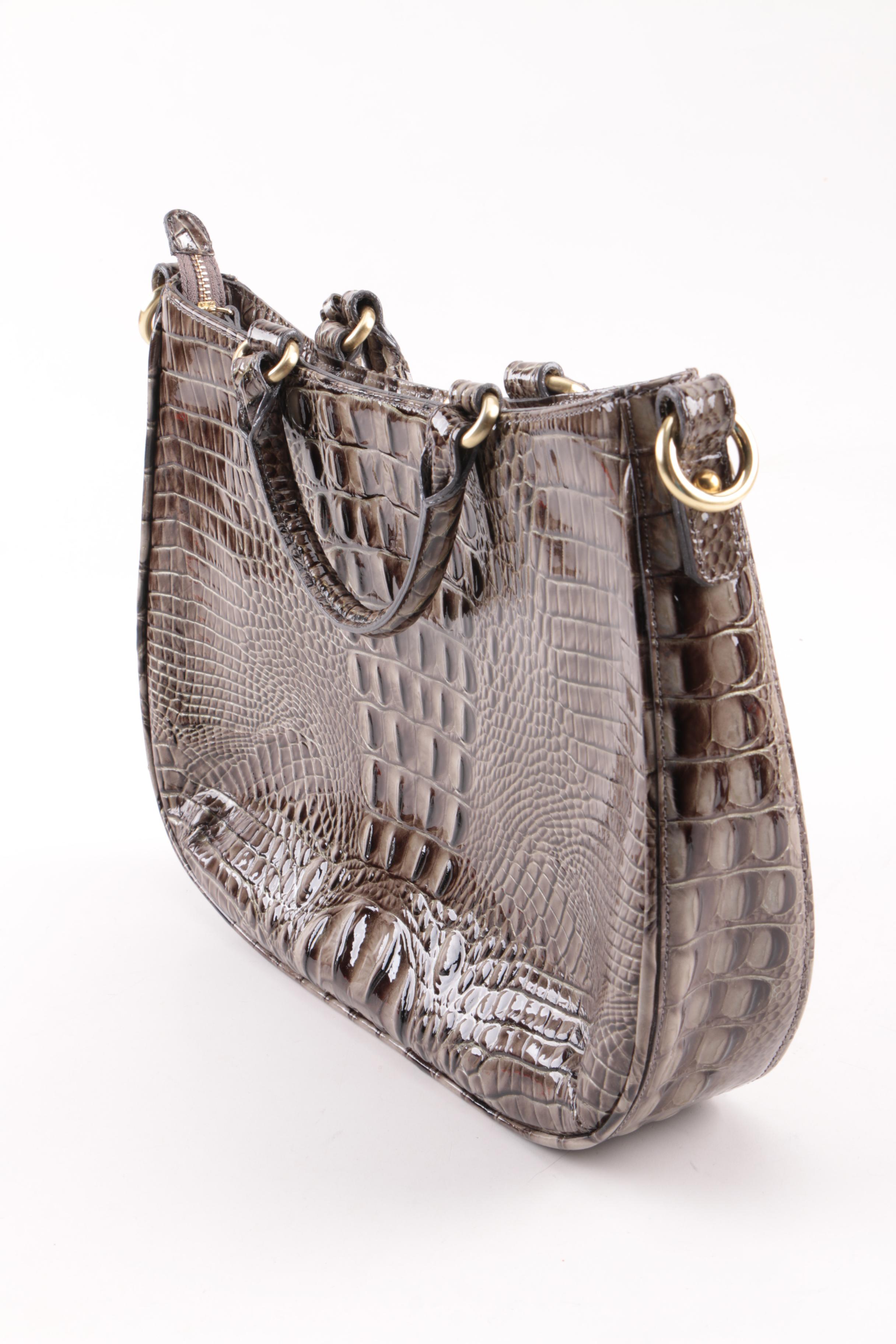 Brahmin Pewter Tone Crocodile Embossed Leather Handbag