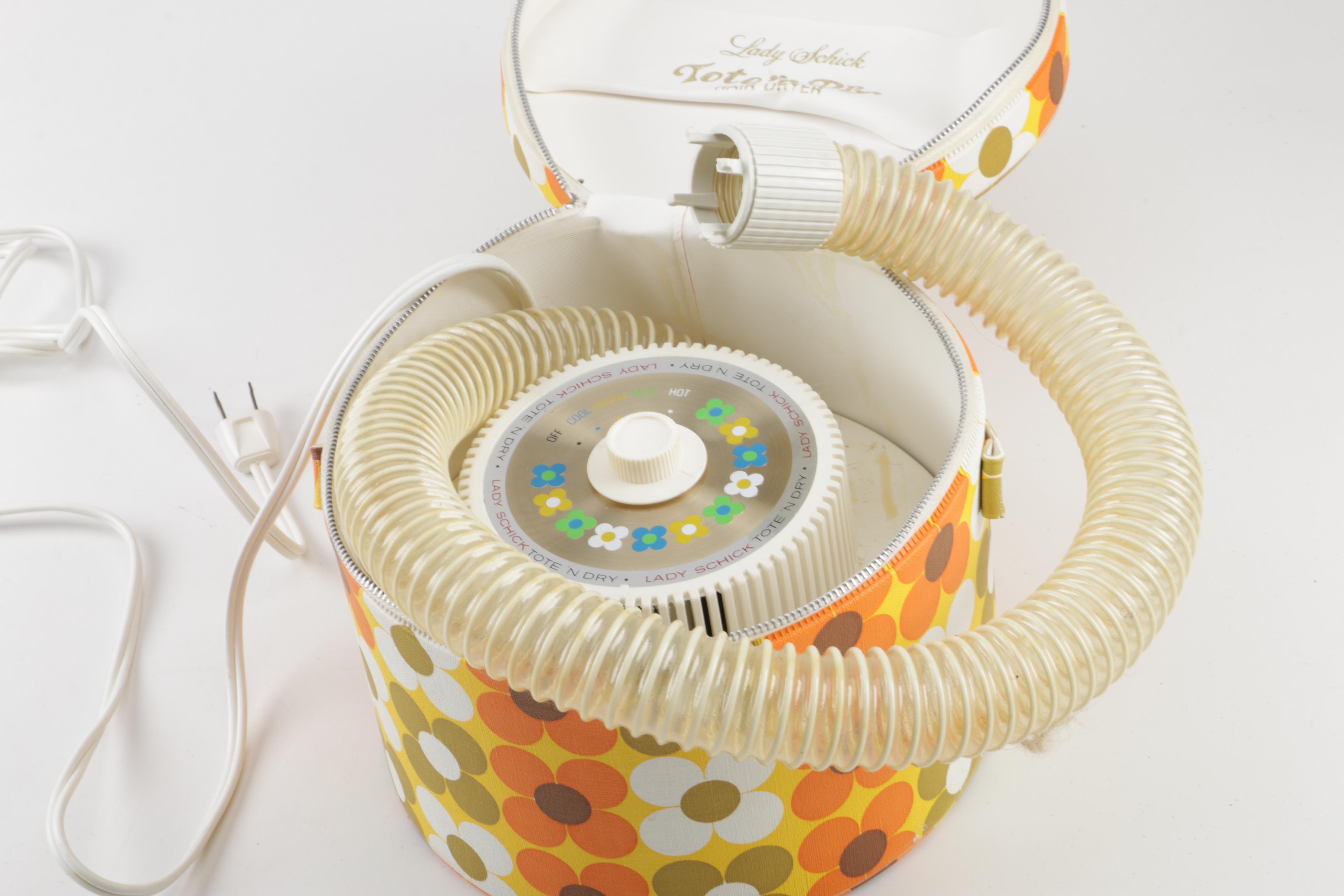 1960s Lady Schick Tote 'N Dry Hair Dryer with Mid-Century Floral Case