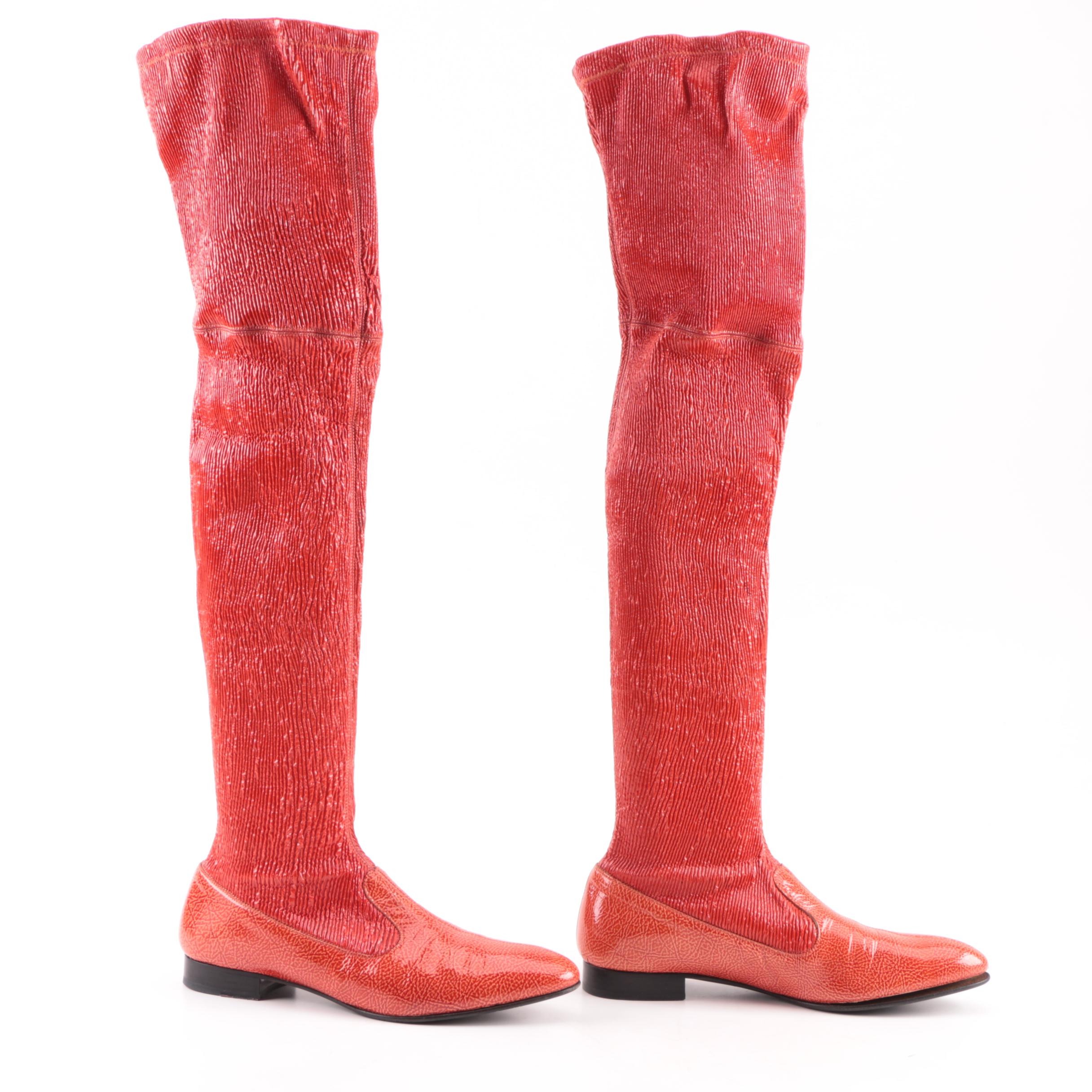 Women's 1960s Vintage Bally Red Faux Leather Mod Go-Go Stretch Boots