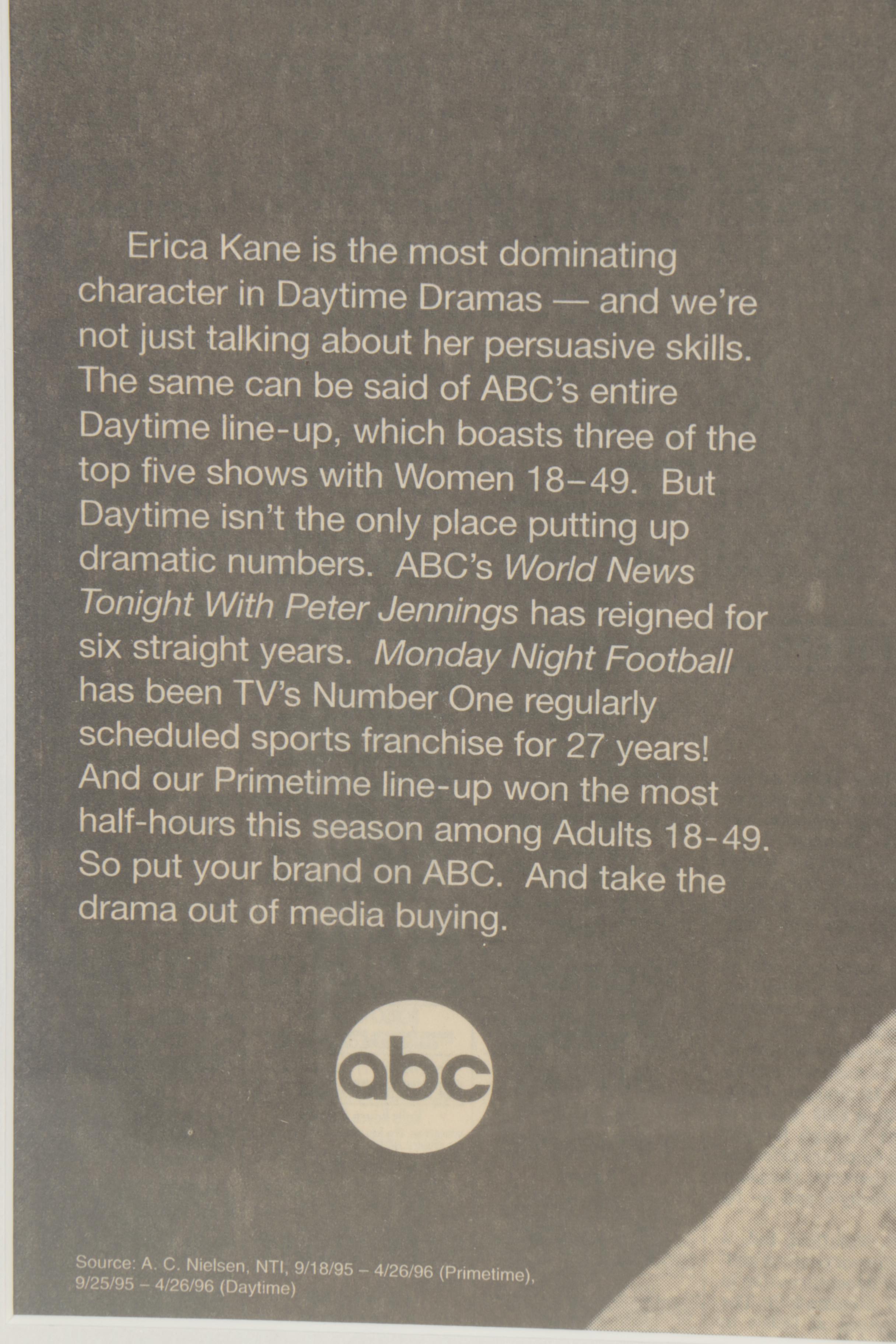 ABC Newspaper Advertisement for Potential Advertisers Featuring "Erica Kane"