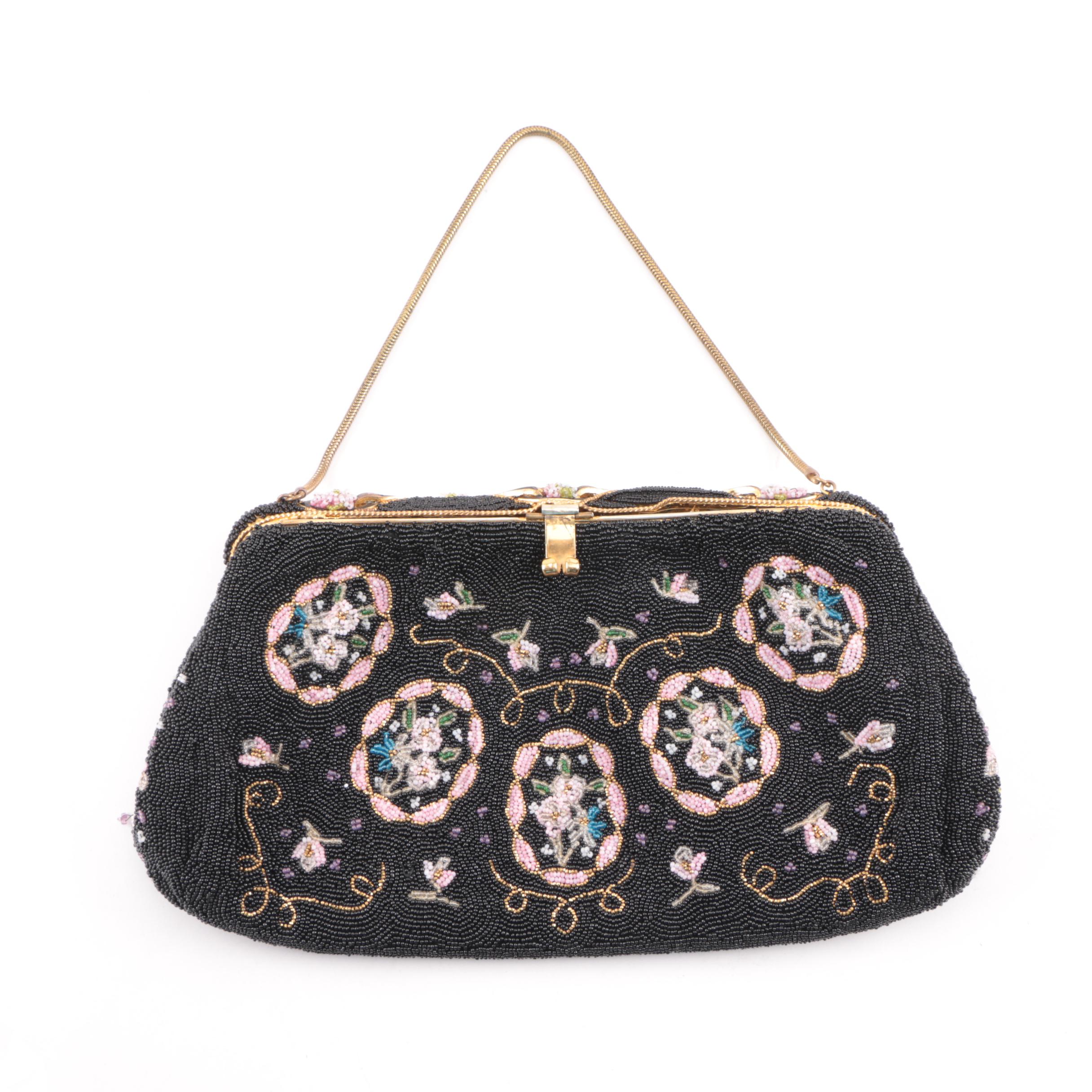 1950s French Handmade Black Floral Beaded Evening Bag