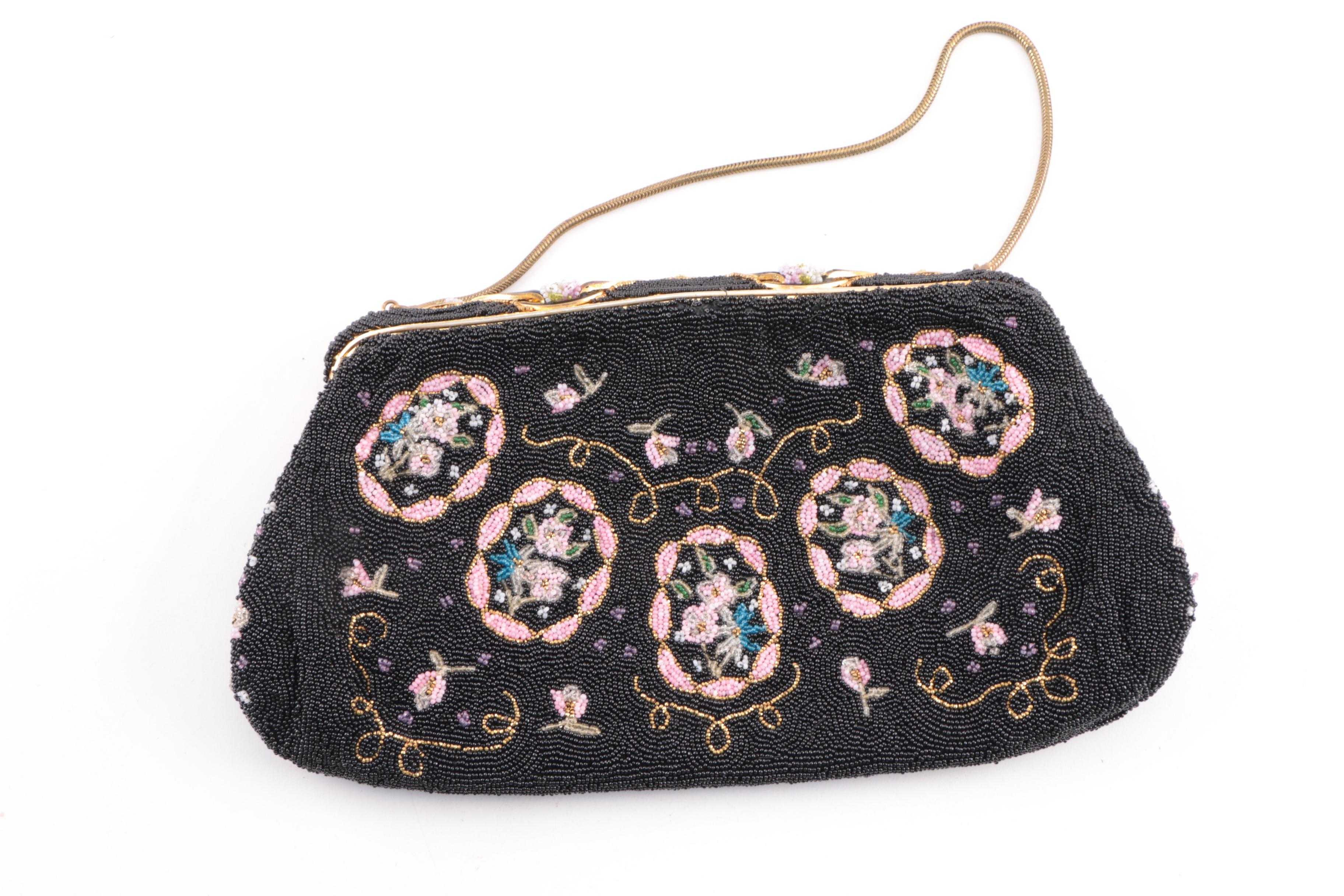 1950s French Handmade Black Floral Beaded Evening Bag