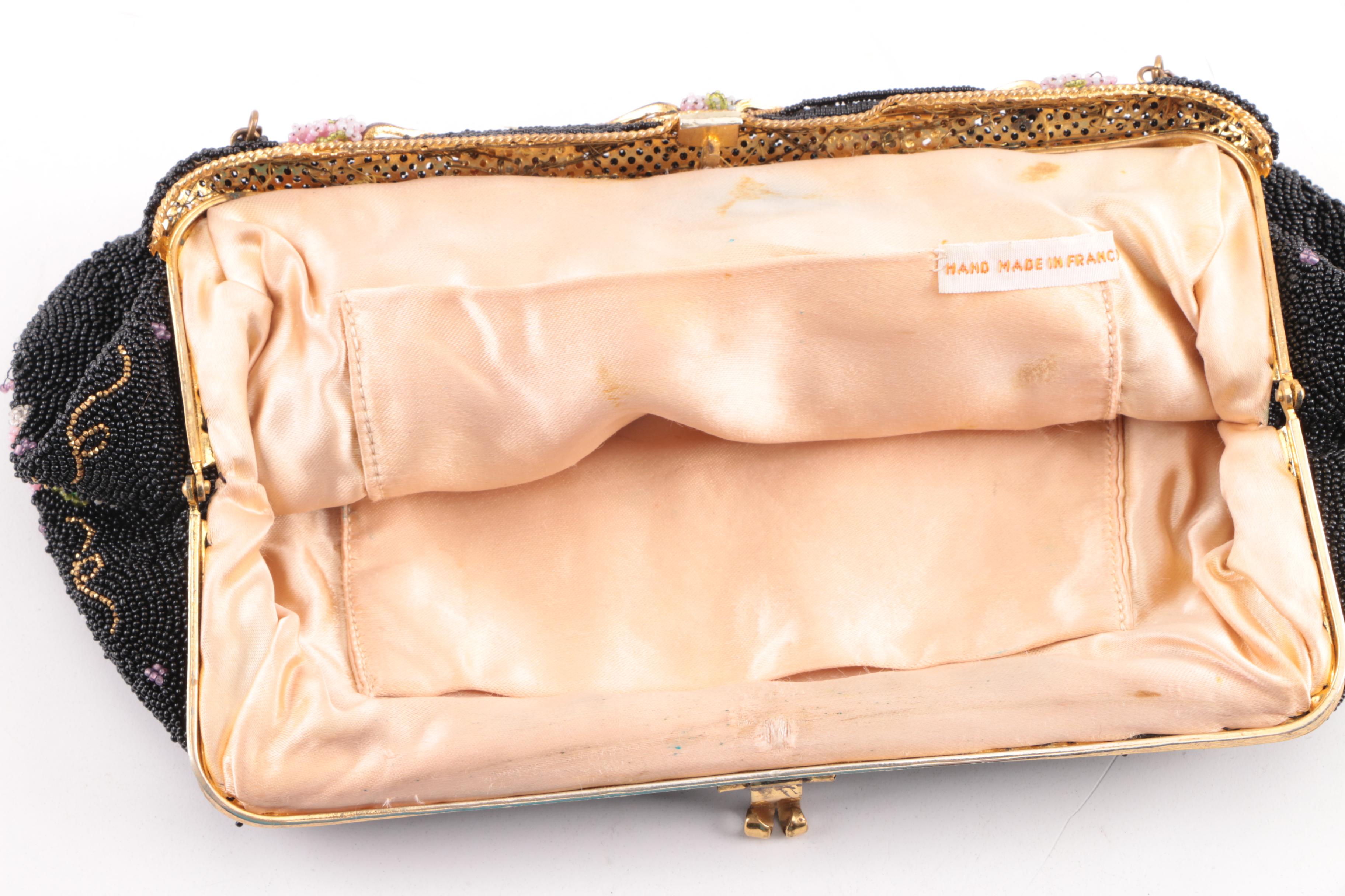 1950s French Handmade Black Floral Beaded Evening Bag