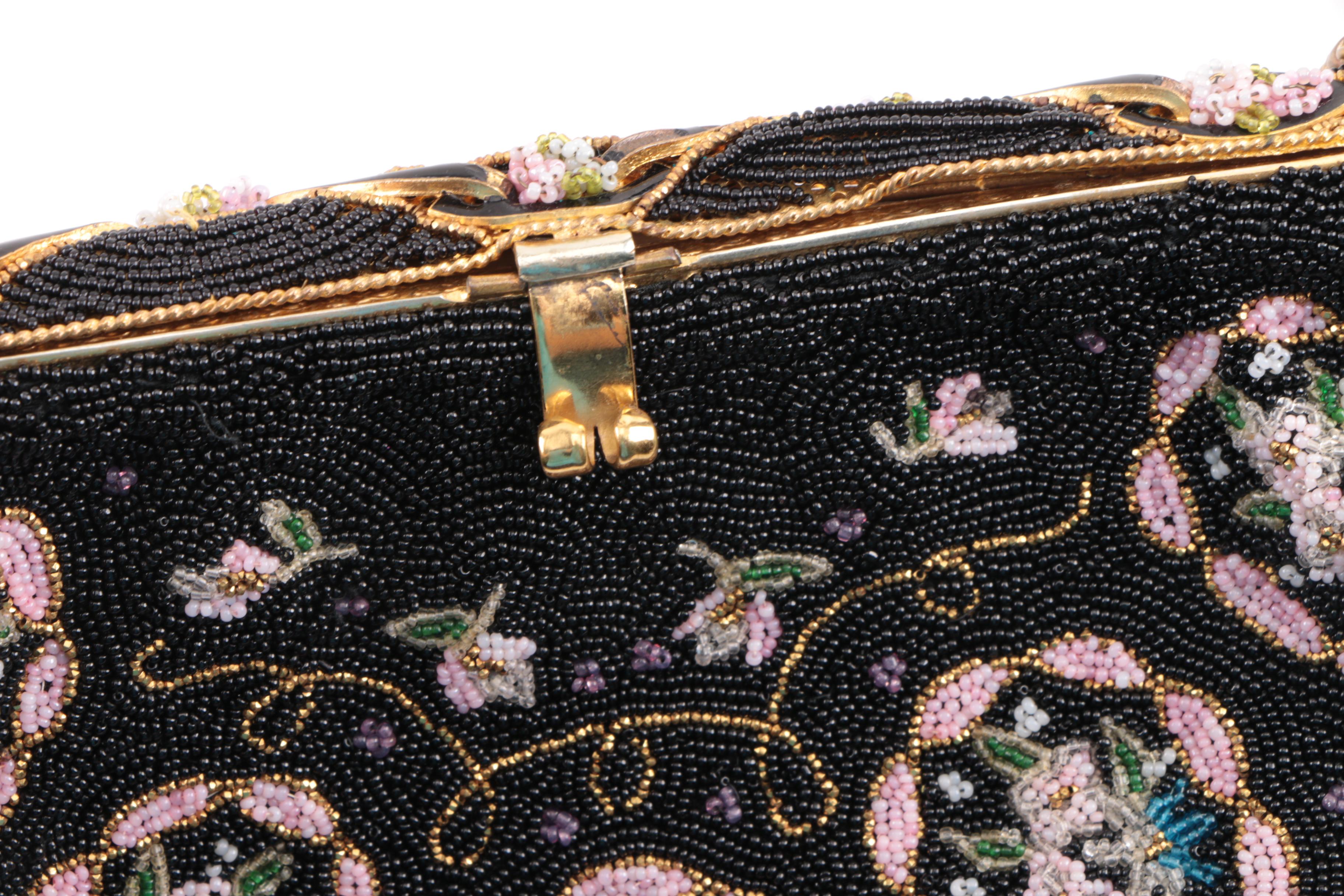 1950s French Handmade Black Floral Beaded Evening Bag