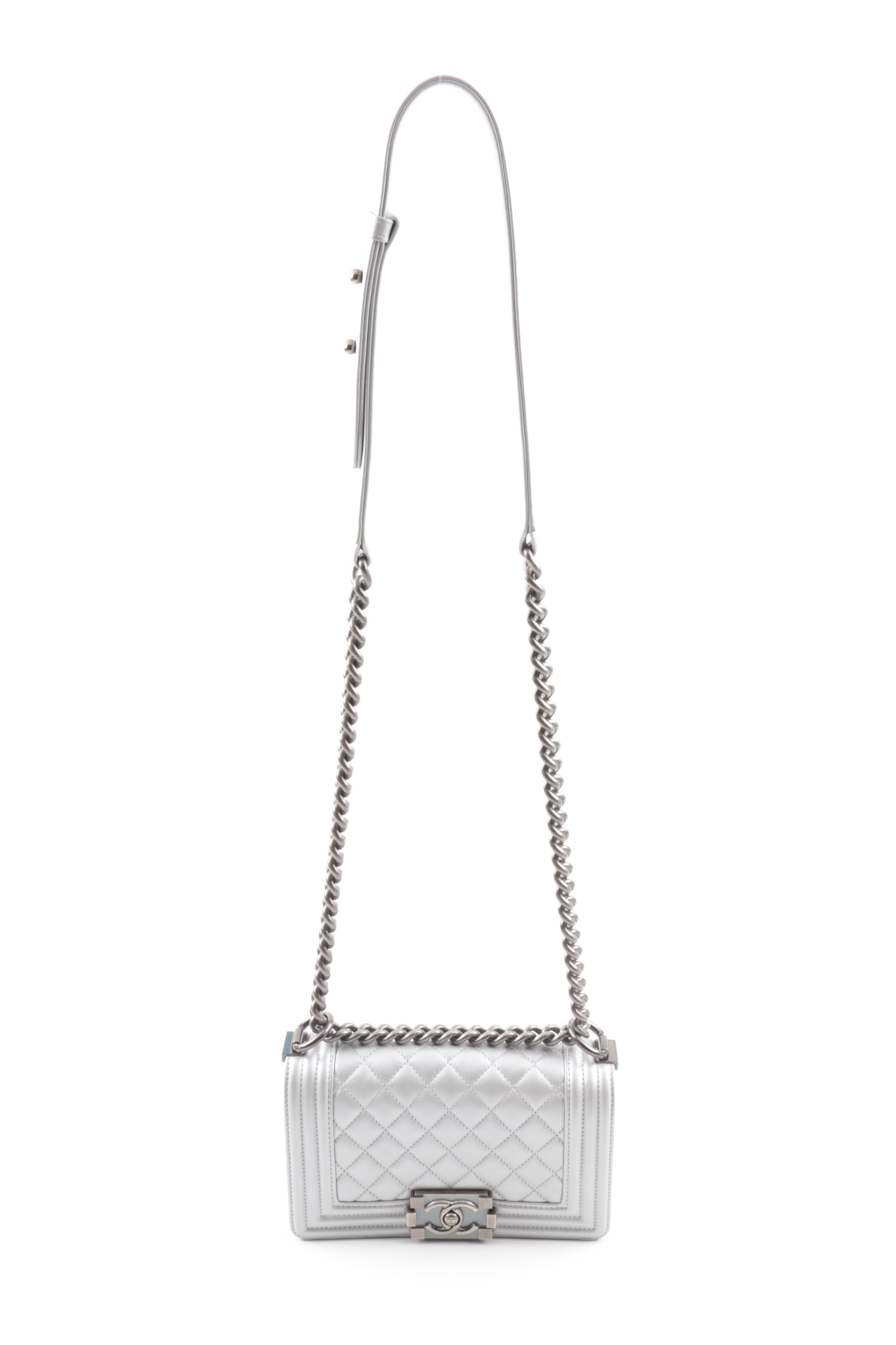 2014 Chanel Silver Metallic Calfskin Crossbody Boy Bag with Ruthenium Hardware