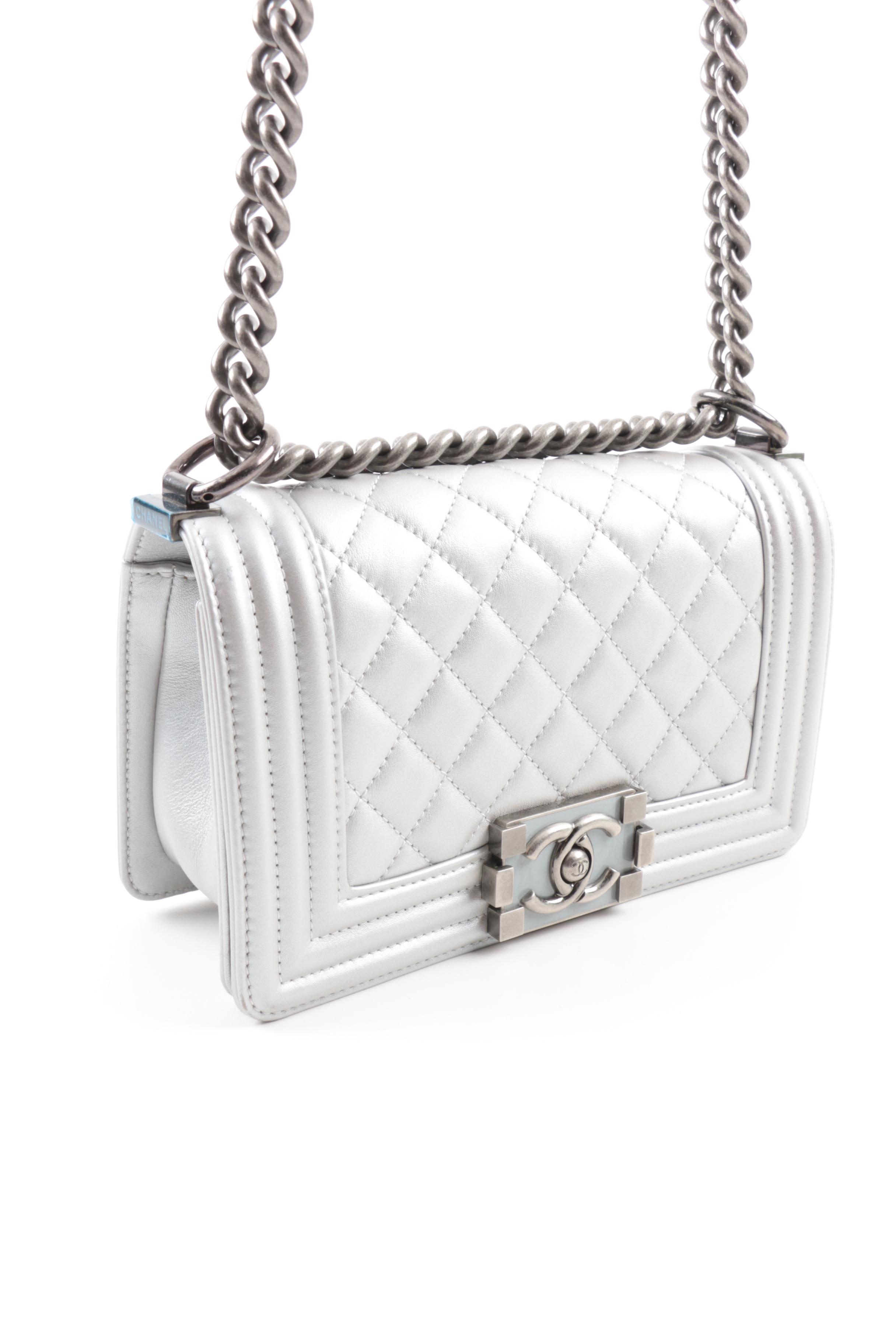 2014 Chanel Silver Metallic Calfskin Crossbody Boy Bag with Ruthenium Hardware