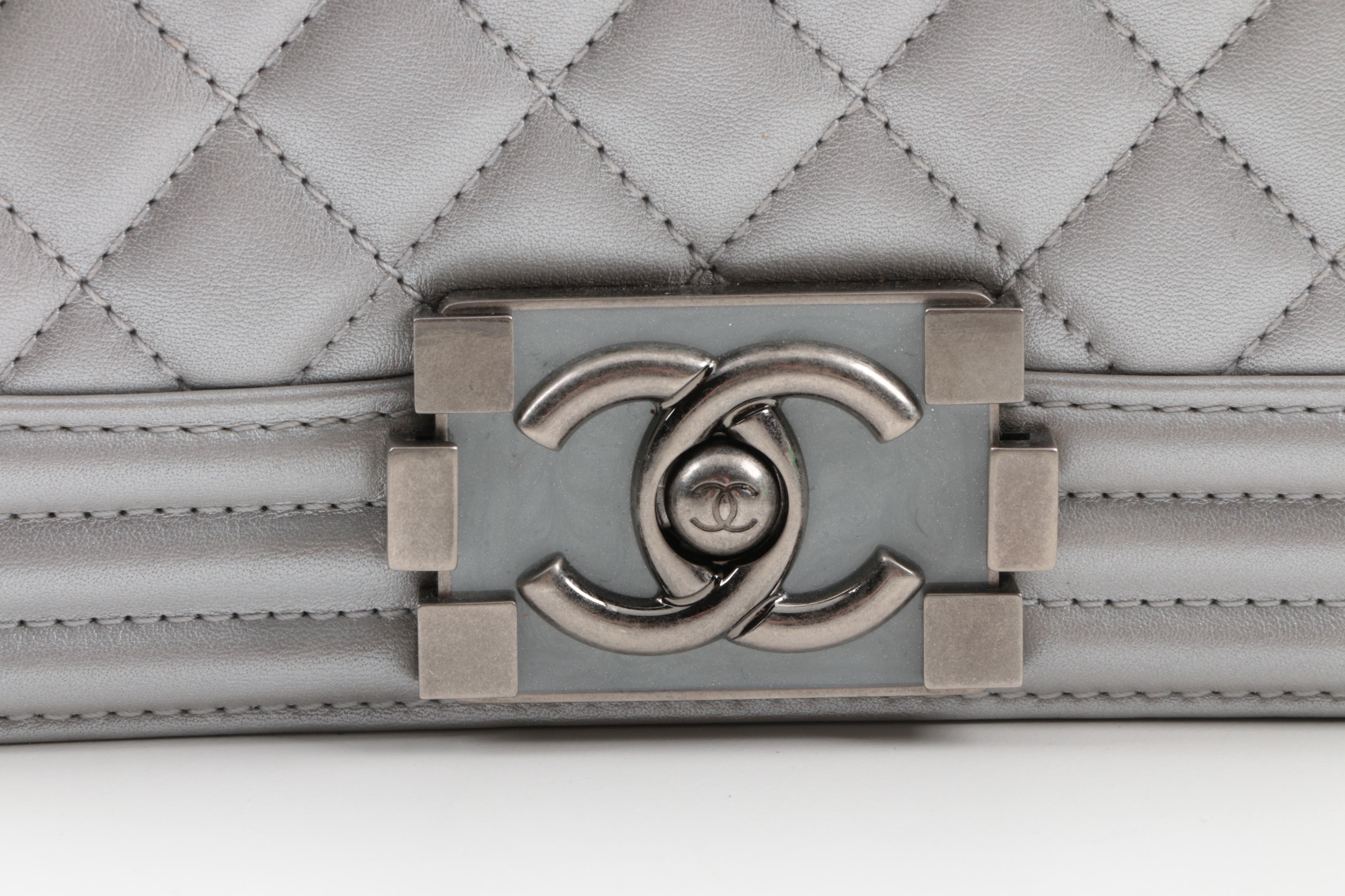 2014 Chanel Silver Metallic Calfskin Crossbody Boy Bag with Ruthenium Hardware