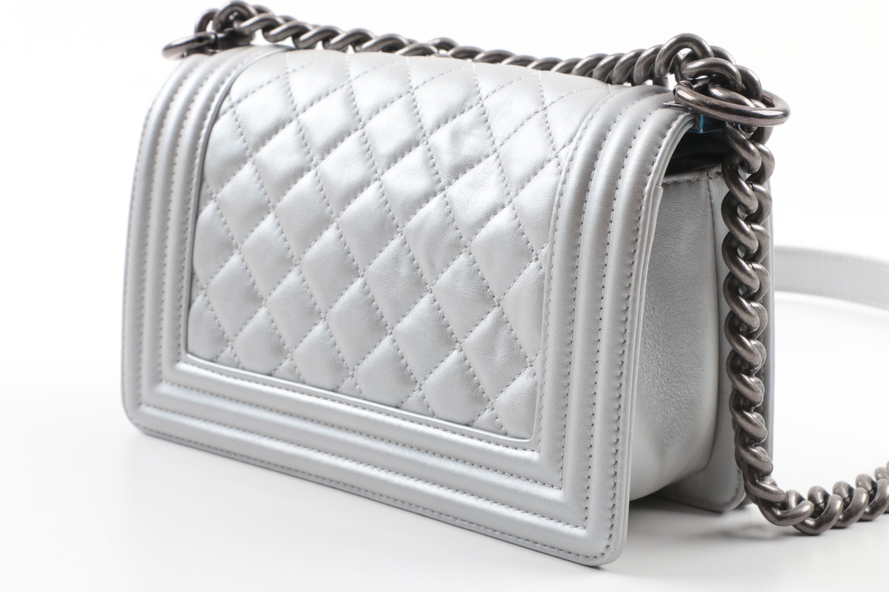 2014 Chanel Silver Metallic Calfskin Crossbody Boy Bag with Ruthenium Hardware