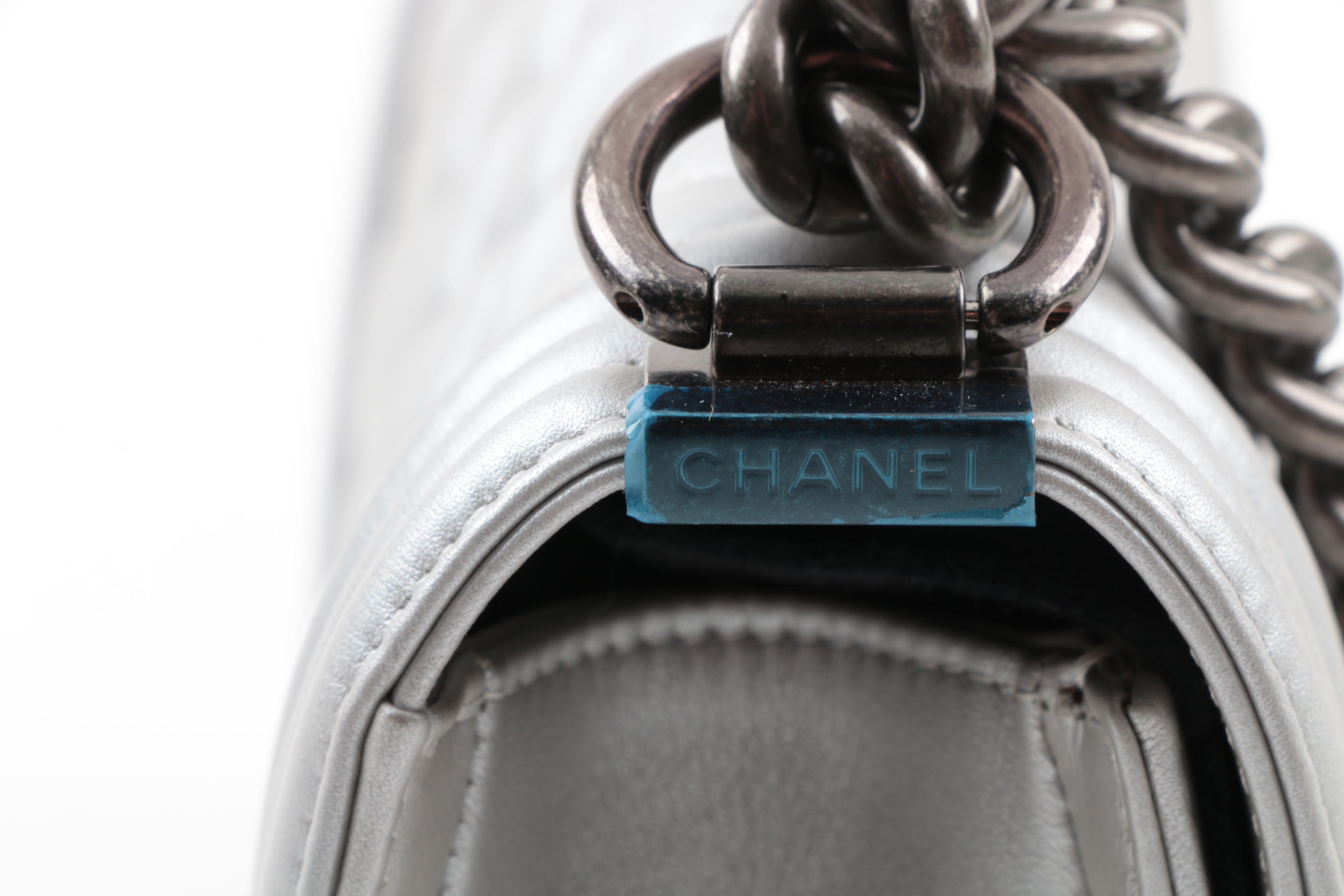 2014 Chanel Silver Metallic Calfskin Crossbody Boy Bag with Ruthenium Hardware