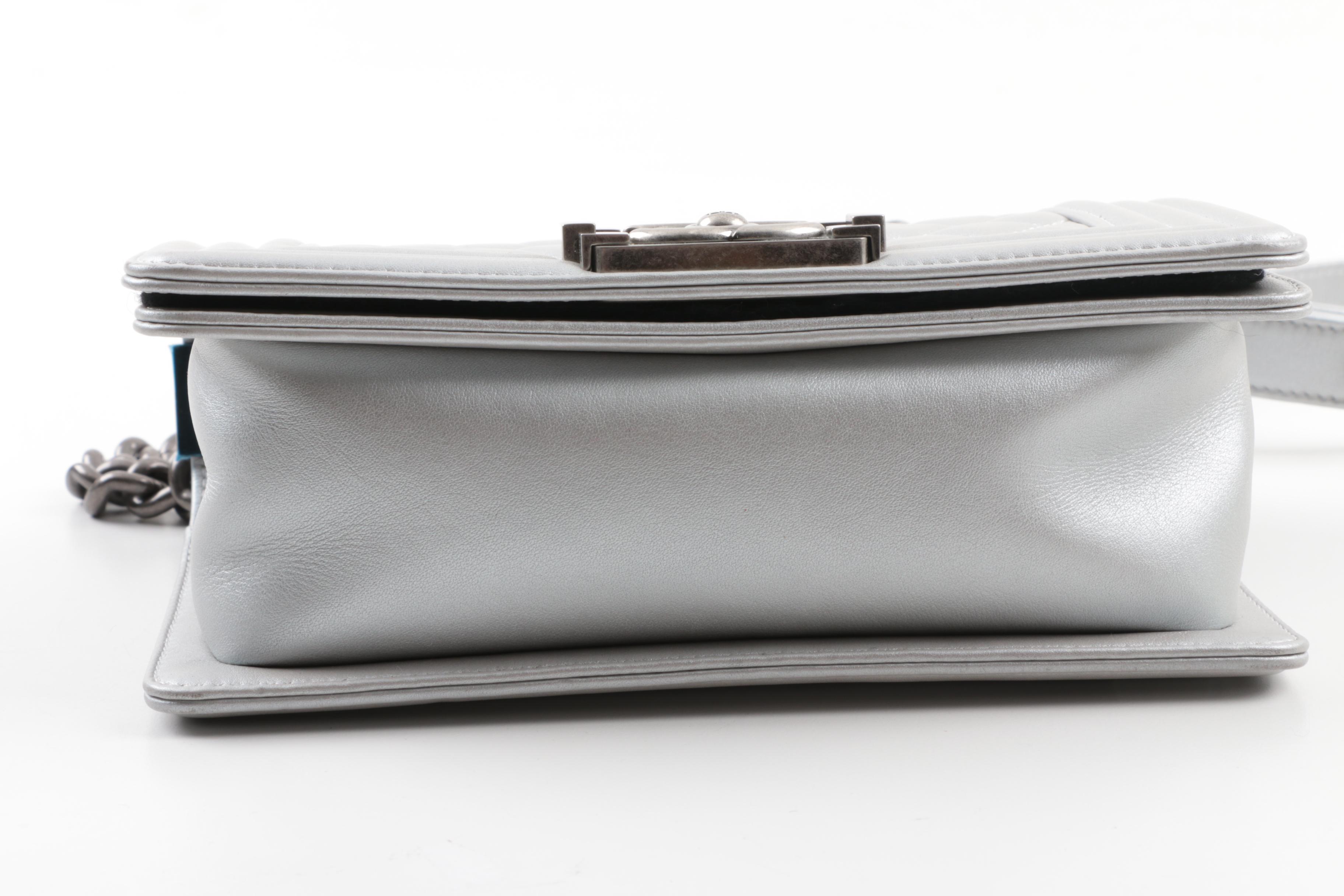 2014 Chanel Silver Metallic Calfskin Crossbody Boy Bag with Ruthenium Hardware