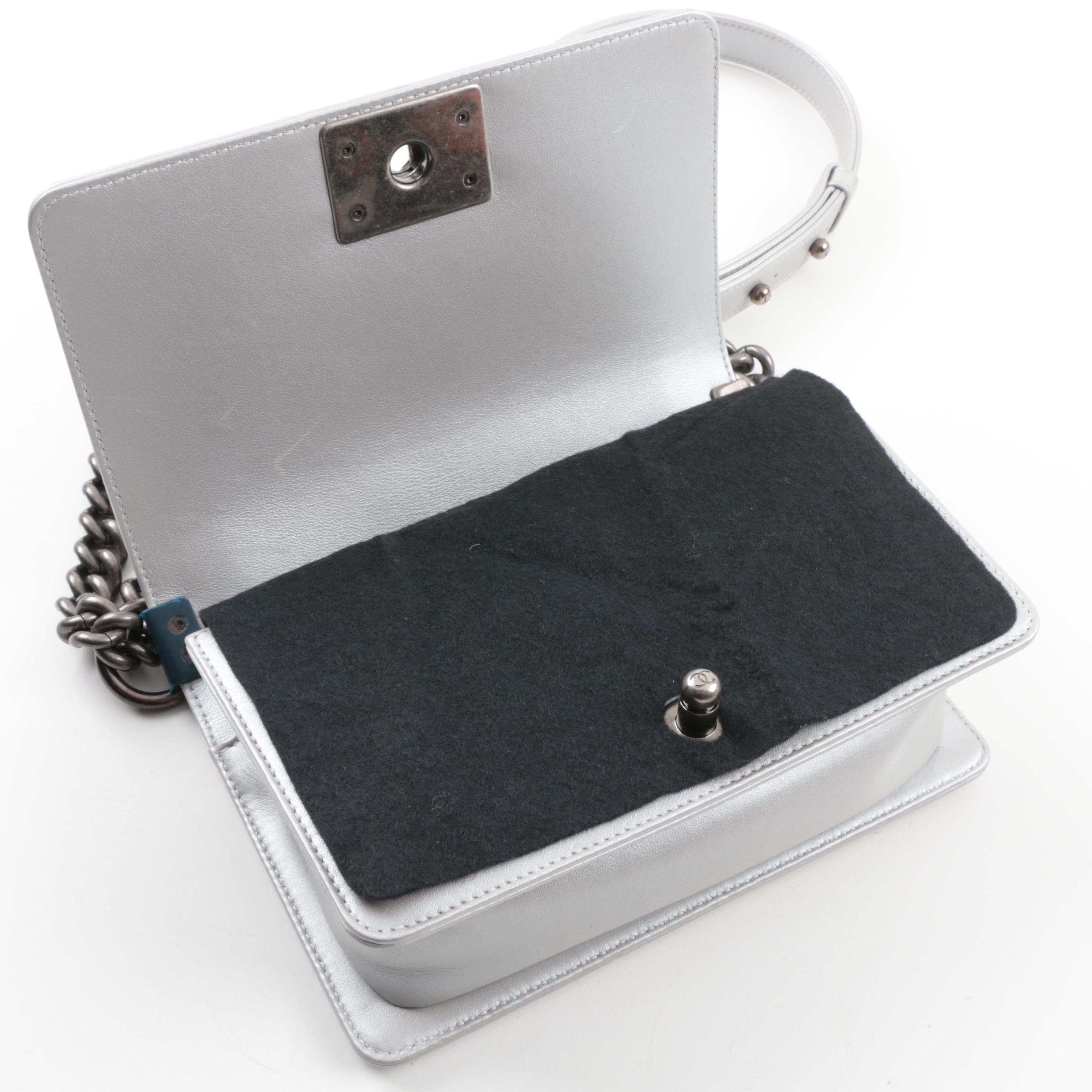 2014 Chanel Silver Metallic Calfskin Crossbody Boy Bag with Ruthenium Hardware