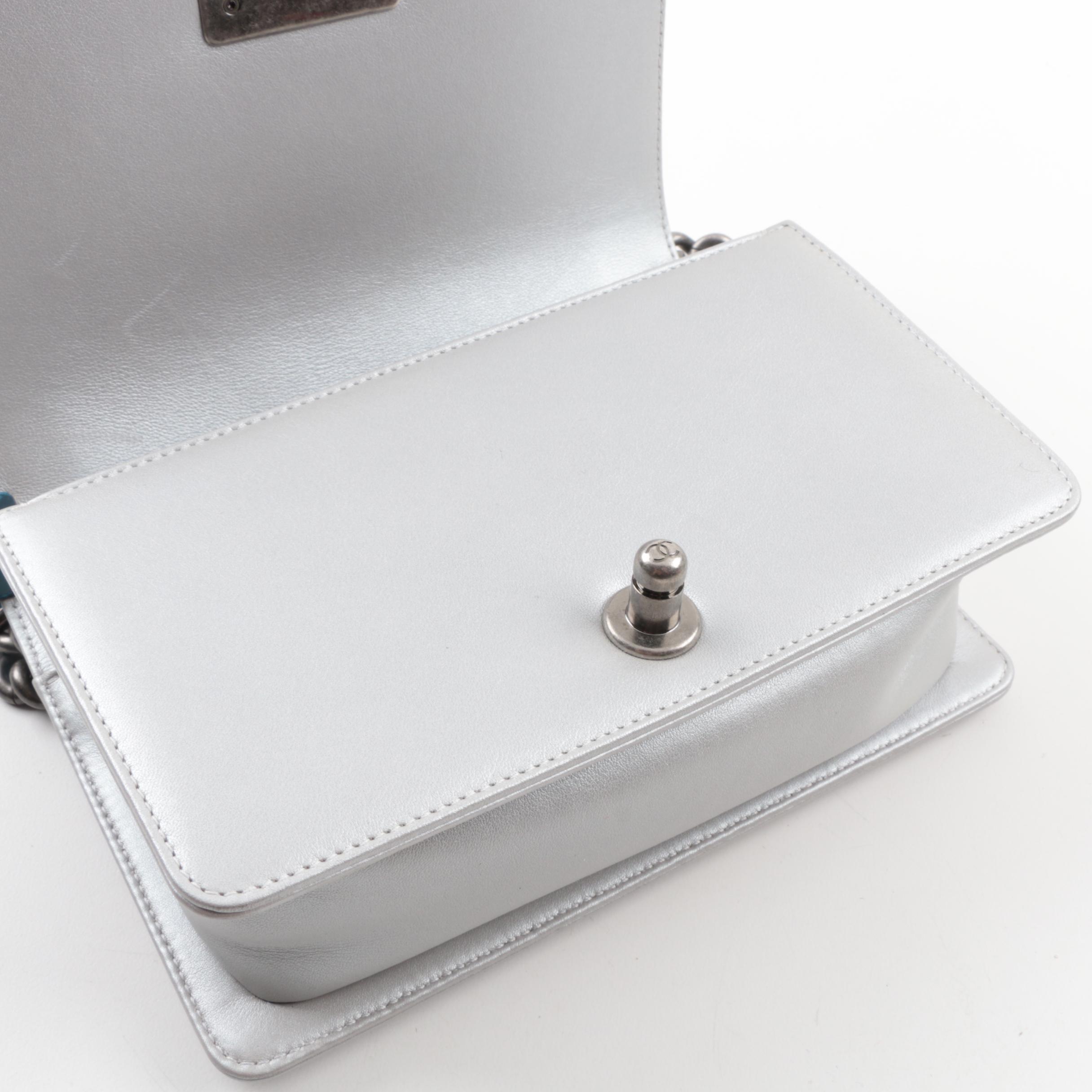 2014 Chanel Silver Metallic Calfskin Crossbody Boy Bag with Ruthenium Hardware