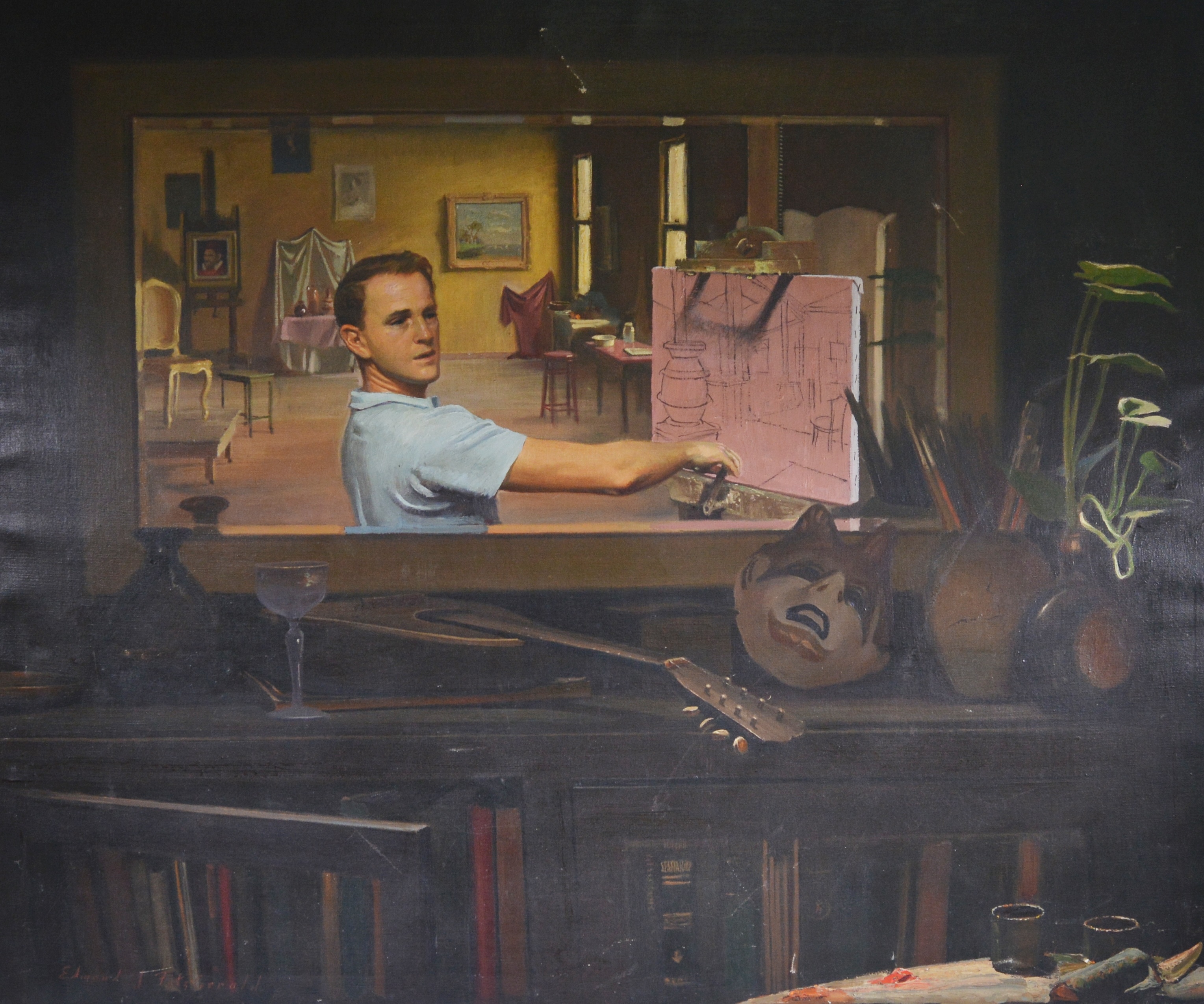 Edmond J. Fitzgerald Oil Painting of the Artist in His Studio