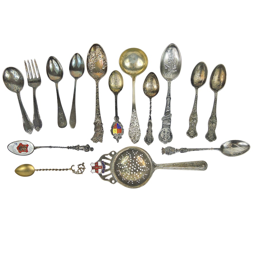 Collectible Souvenir Spoons and Forks with Sterling Silver Pieces